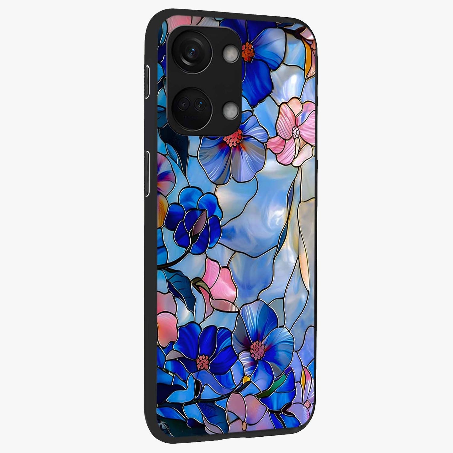 Eternal Floral Stained Glass Case for 1+Nord 3 side perspective highlighting colorful floral detailing and premium edge finish