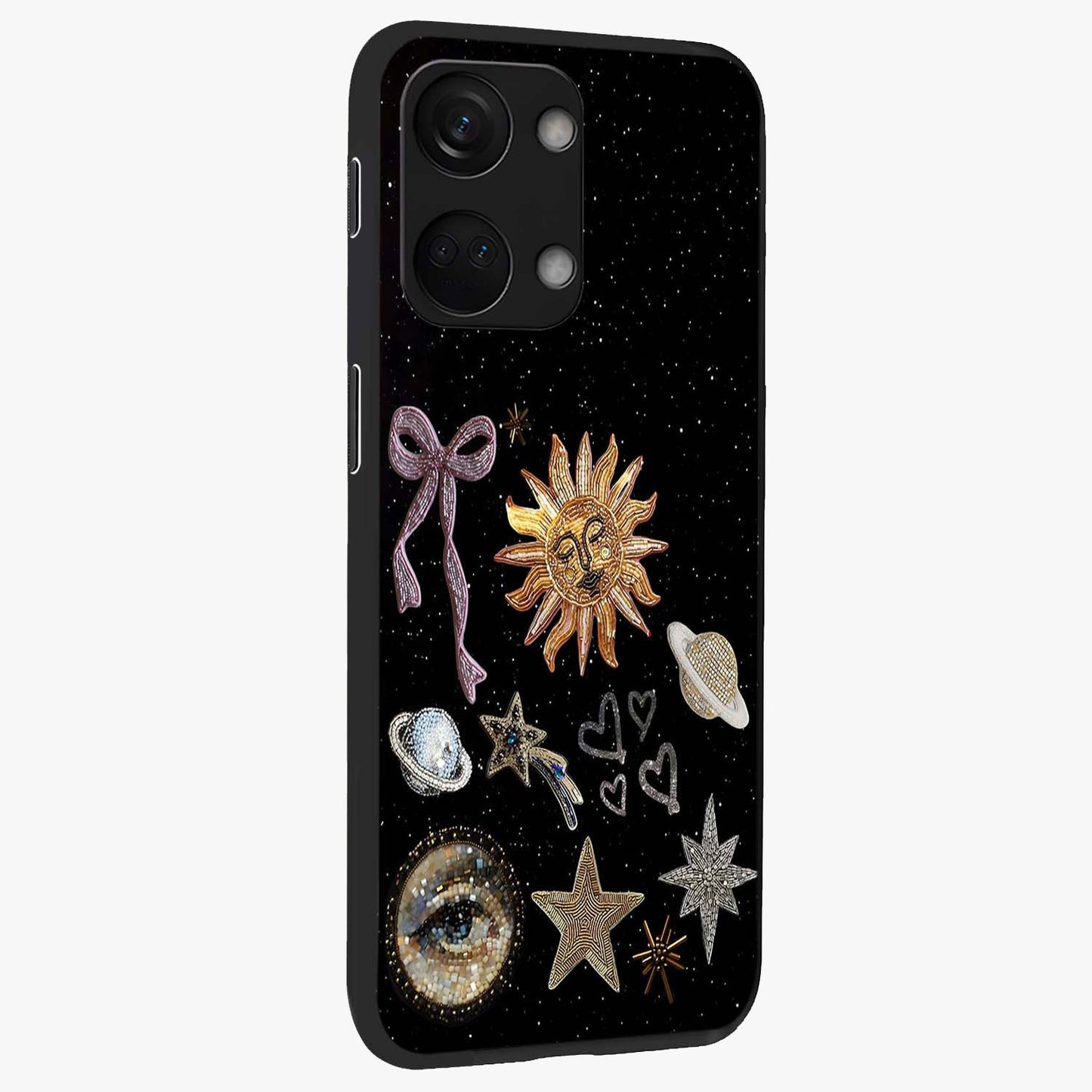 Galactic Sun Charm Glass Case for 1+Nord 3 side perspective highlighting glowing sun detailing and premium edge finish