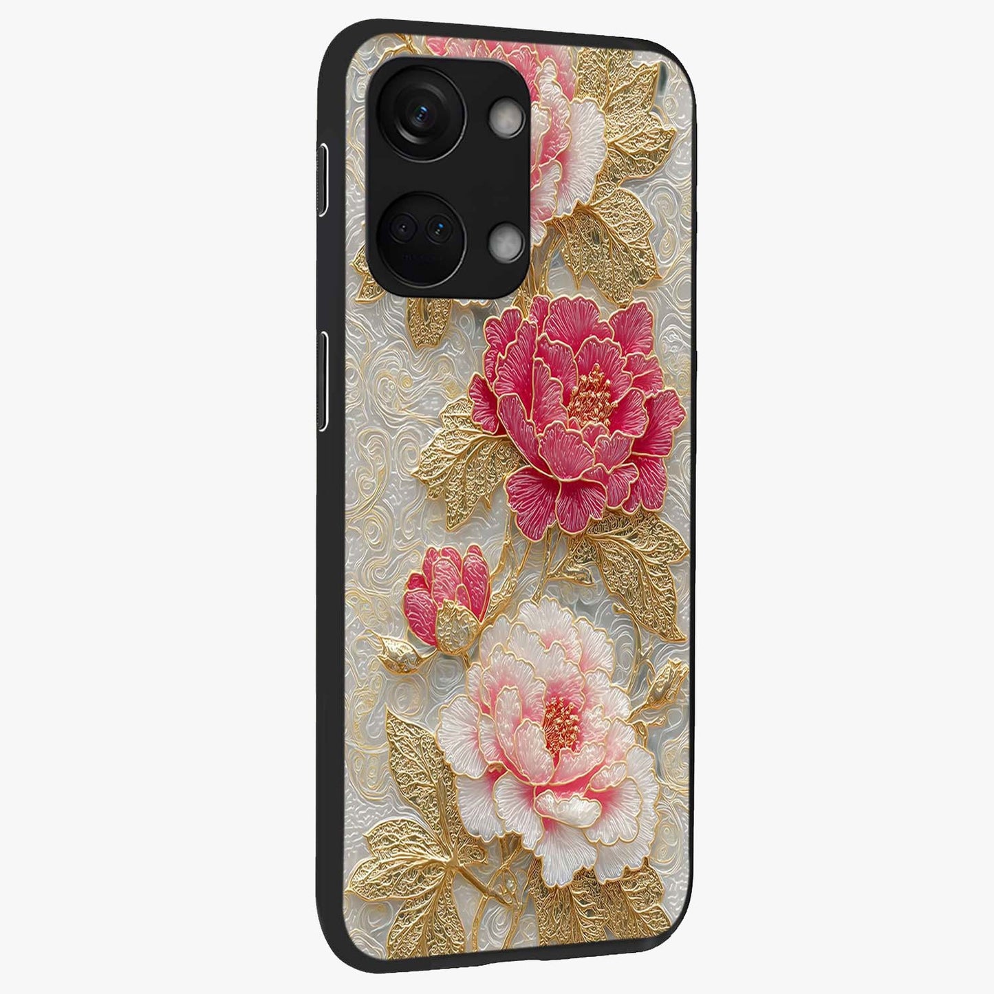 Golden Blossom Elegance Glass Case for 1+Nord 3 side perspective highlighting delicate floral textures and sleek build