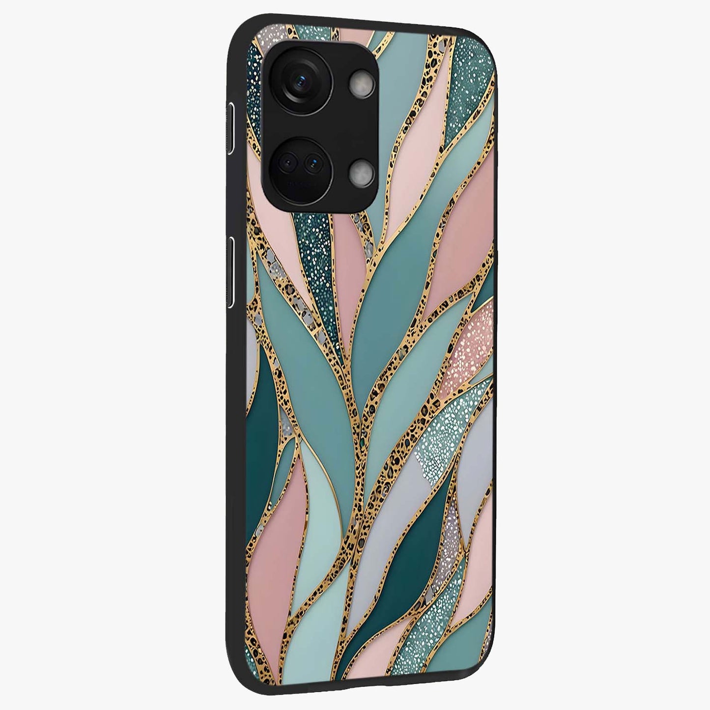 Golden Leaf Dreams Glass Case for 1+Nord 3 side perspective highlighting delicate leaf textures and smooth build