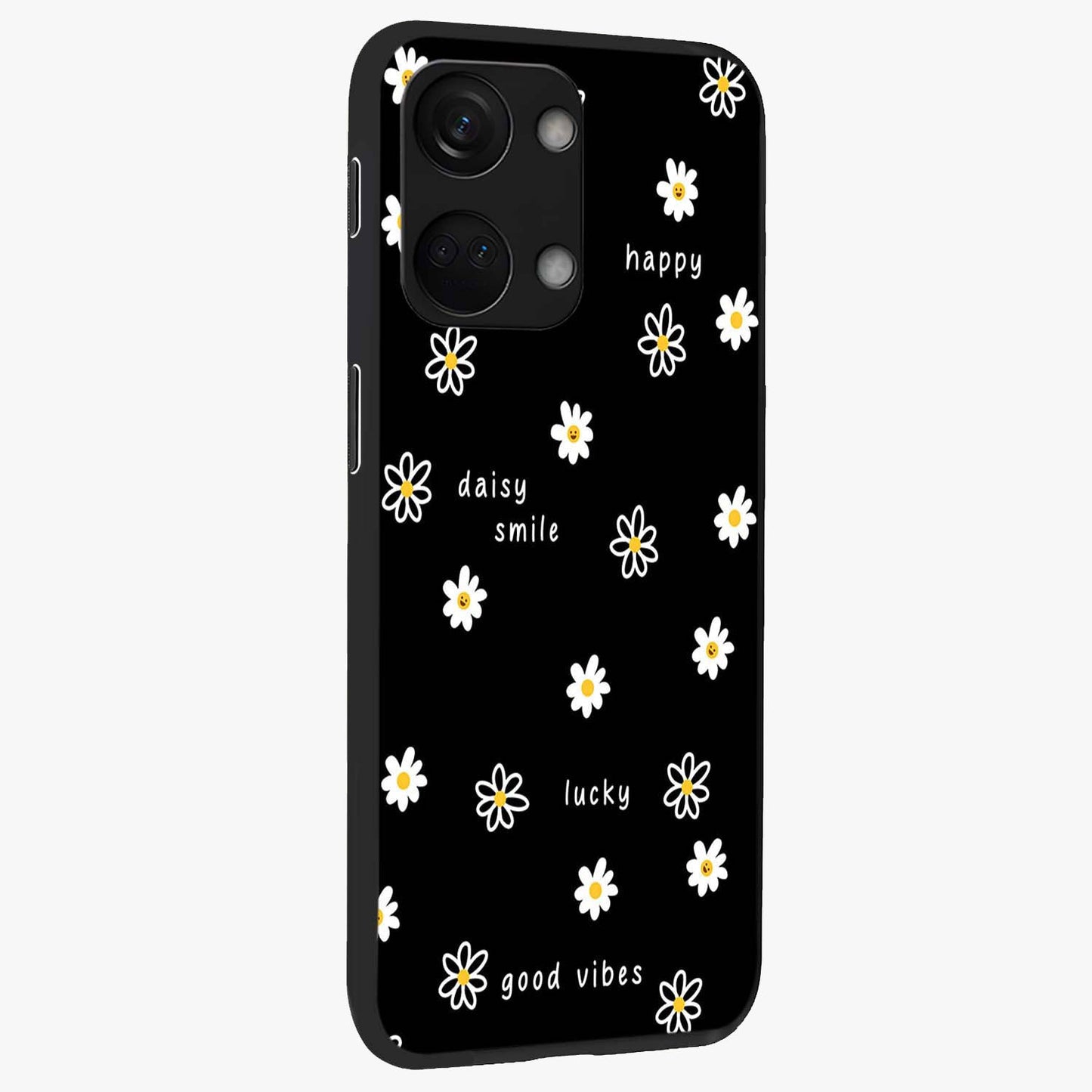 Good Vibes Daisy Black Pattern Glass Case for 1+Nord 3 side perspective highlighting playful daisy detailing and smooth edges