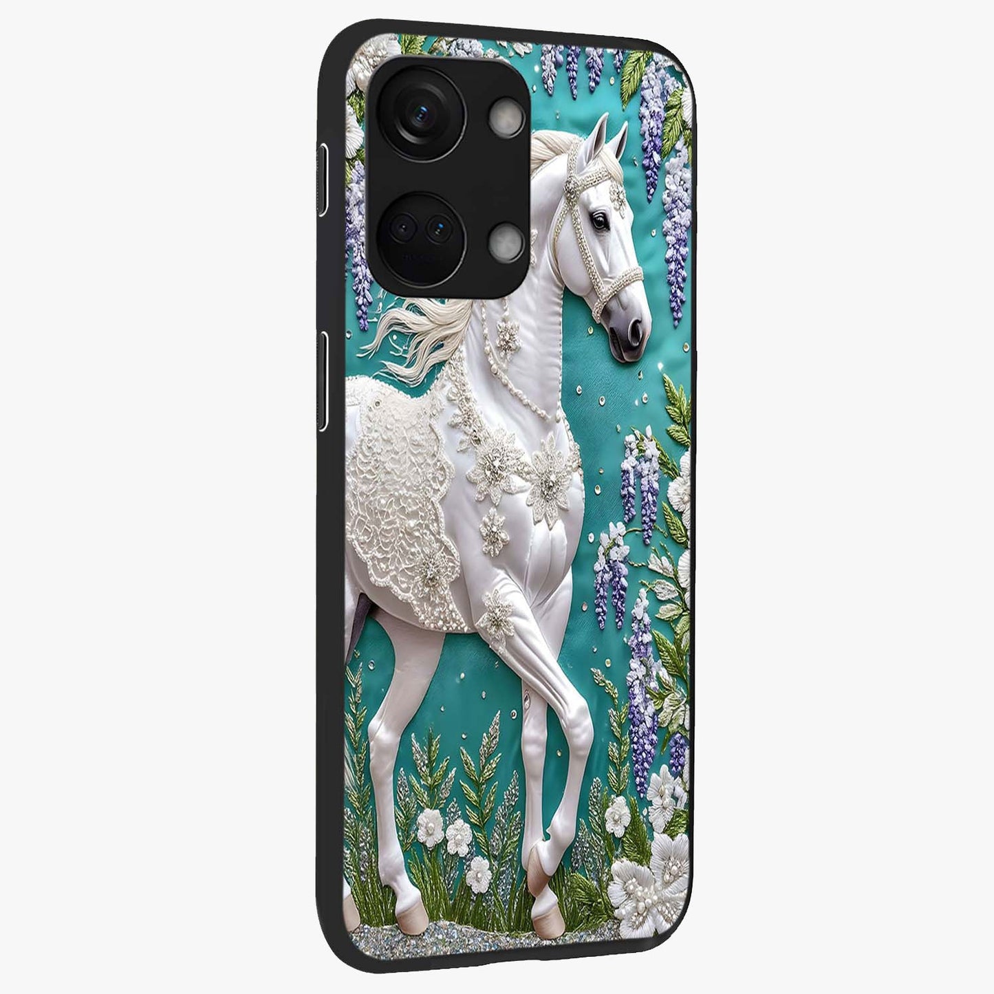 Majestic Floral Stallion Glass Case for 1+Nord 3 side perspective highlighting refined equestrian textures and premium edges