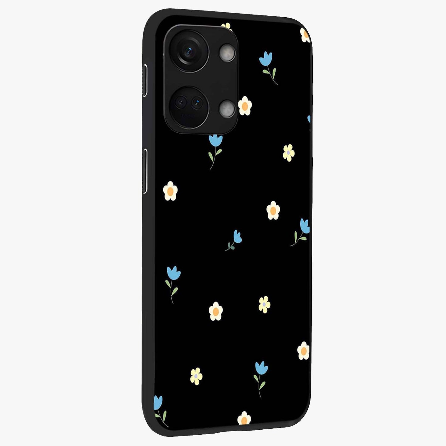 Minimalistic Blue With White Flower Pattern Glass Case for 1+Nord 3 side perspective highlighting subtle floral textures and premium edges
