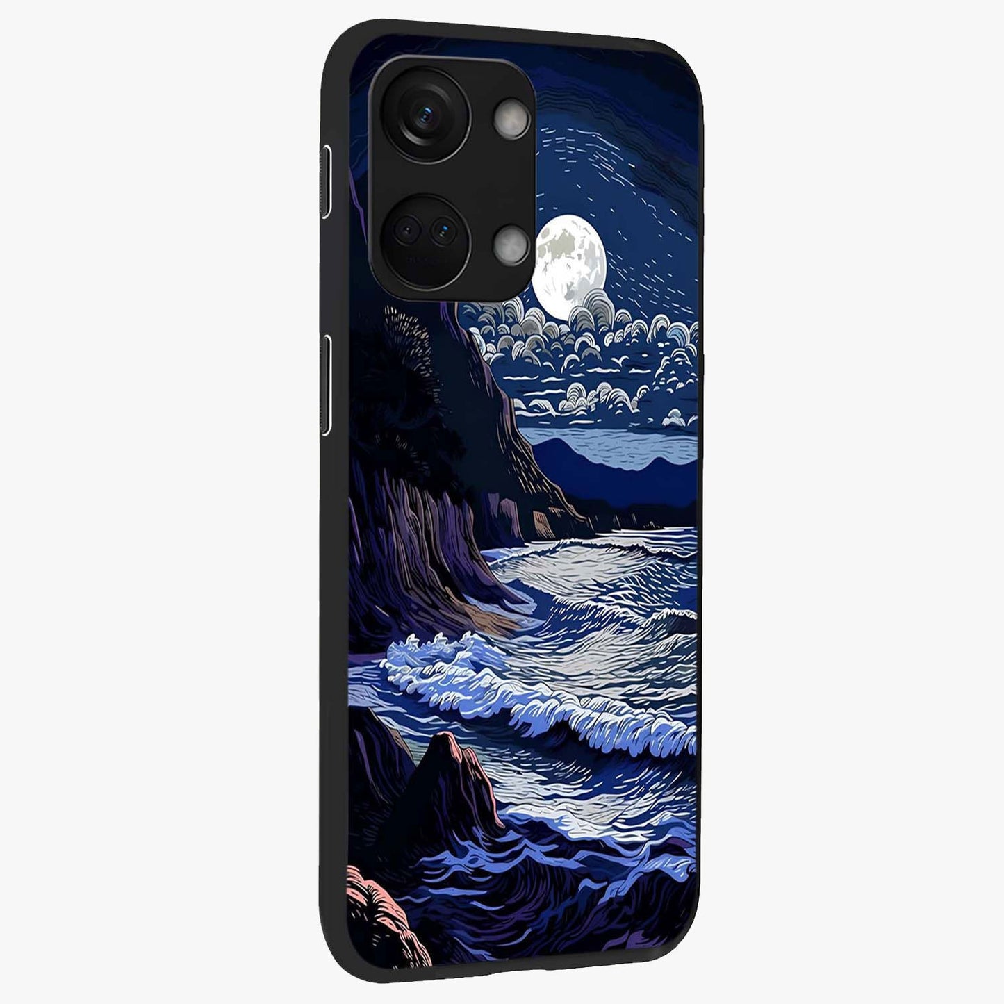 Night Moon Scenery Pattern Glass Case for 1+Nord 3 side perspective highlighting calming scenic textures and smooth build