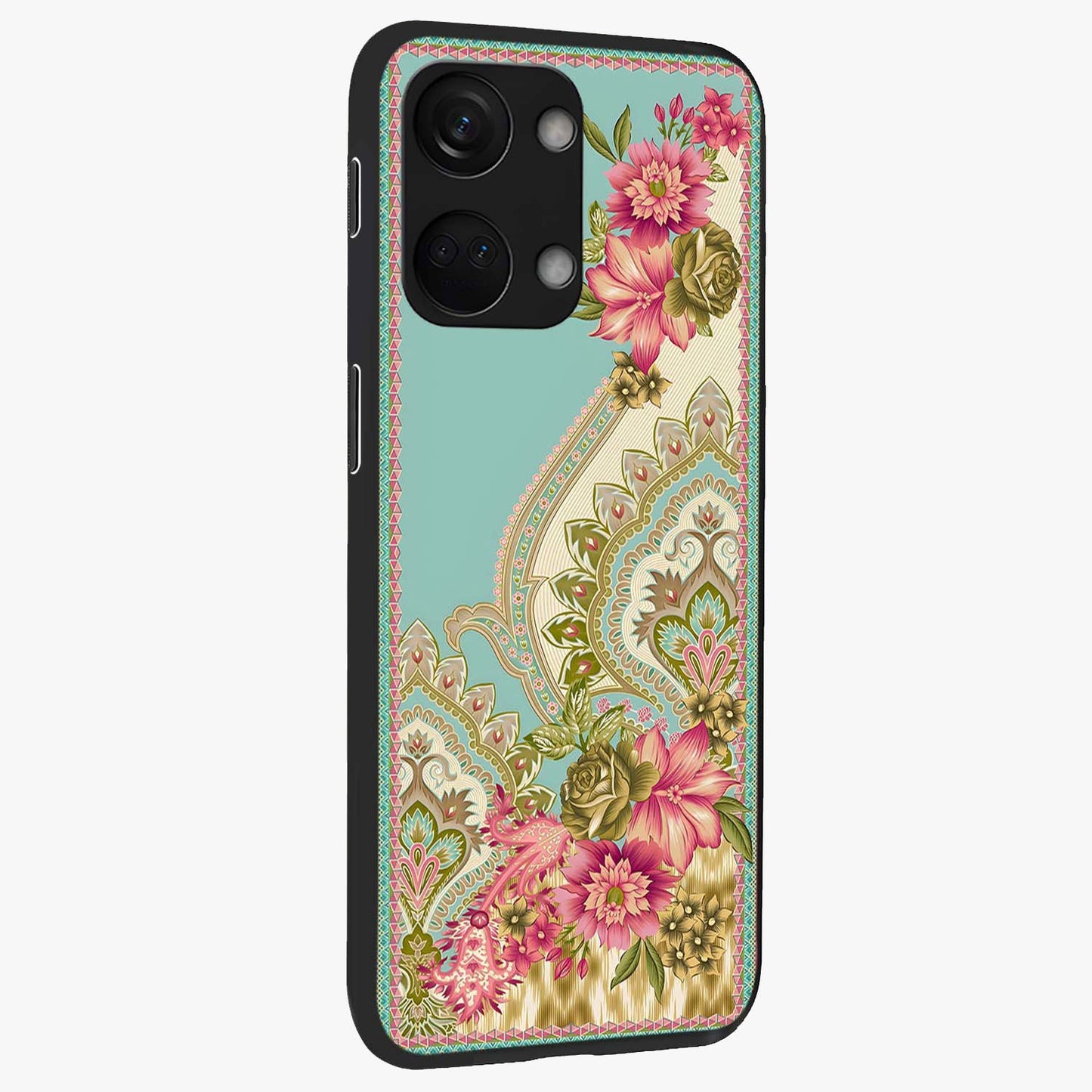 Ornate Mughal Floral Pattern Glass Case for 1+Nord 3 side perspective highlighting detailed ornamental textures and sleek build