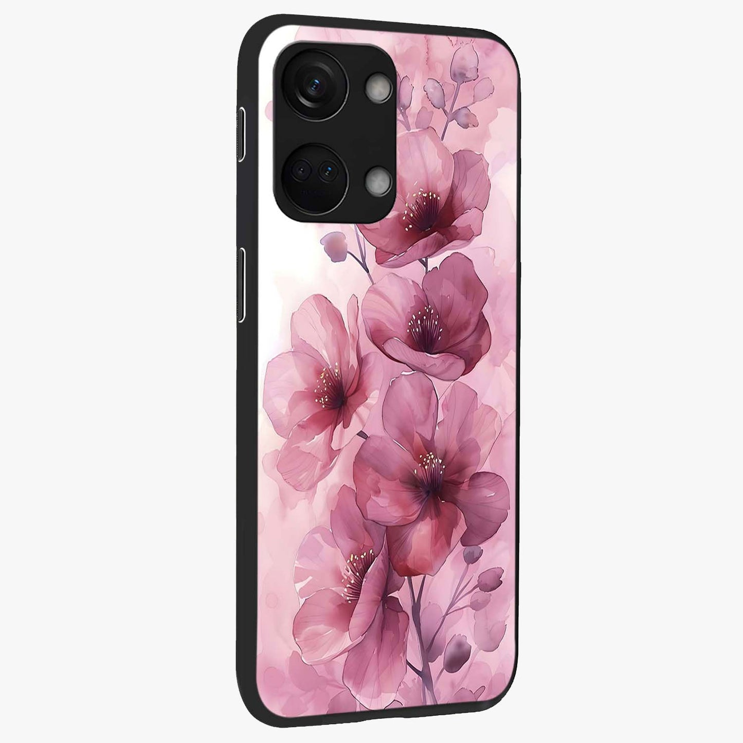 Pink Floral Glass Case for 1+Nord 3 side perspective highlighting subtle floral textures and premium edges