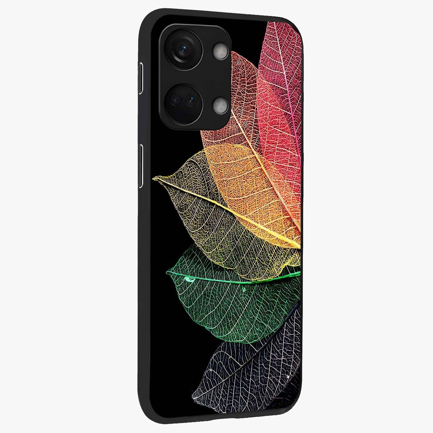 Rainbow Leaf Glow Glass Case for 1+Nord 3 side perspective highlighting bright detailing and premium edge finish