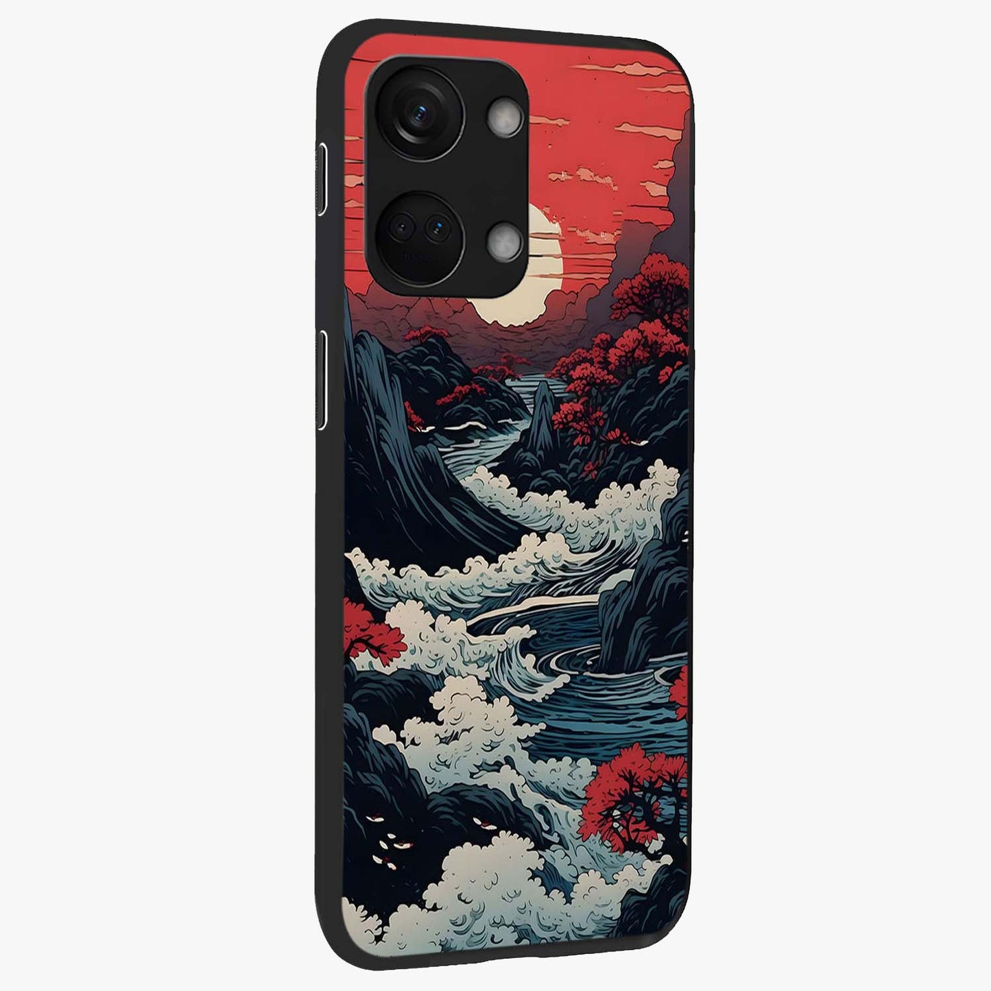 Red Sunset Scenery Glass Case for 1+Nord 3 side perspective highlighting calming horizon textures and premium edges