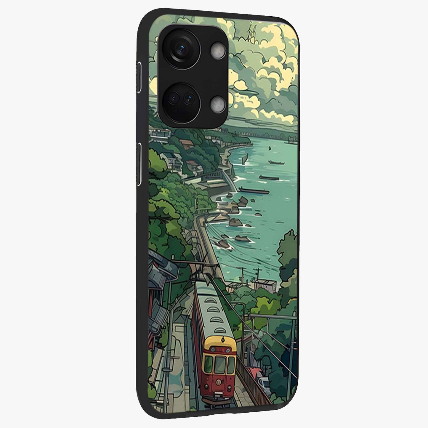 Seaside Train Ride Glass Case for 1+Nord 3 side perspective highlighting detailed scenery textures and premium edges