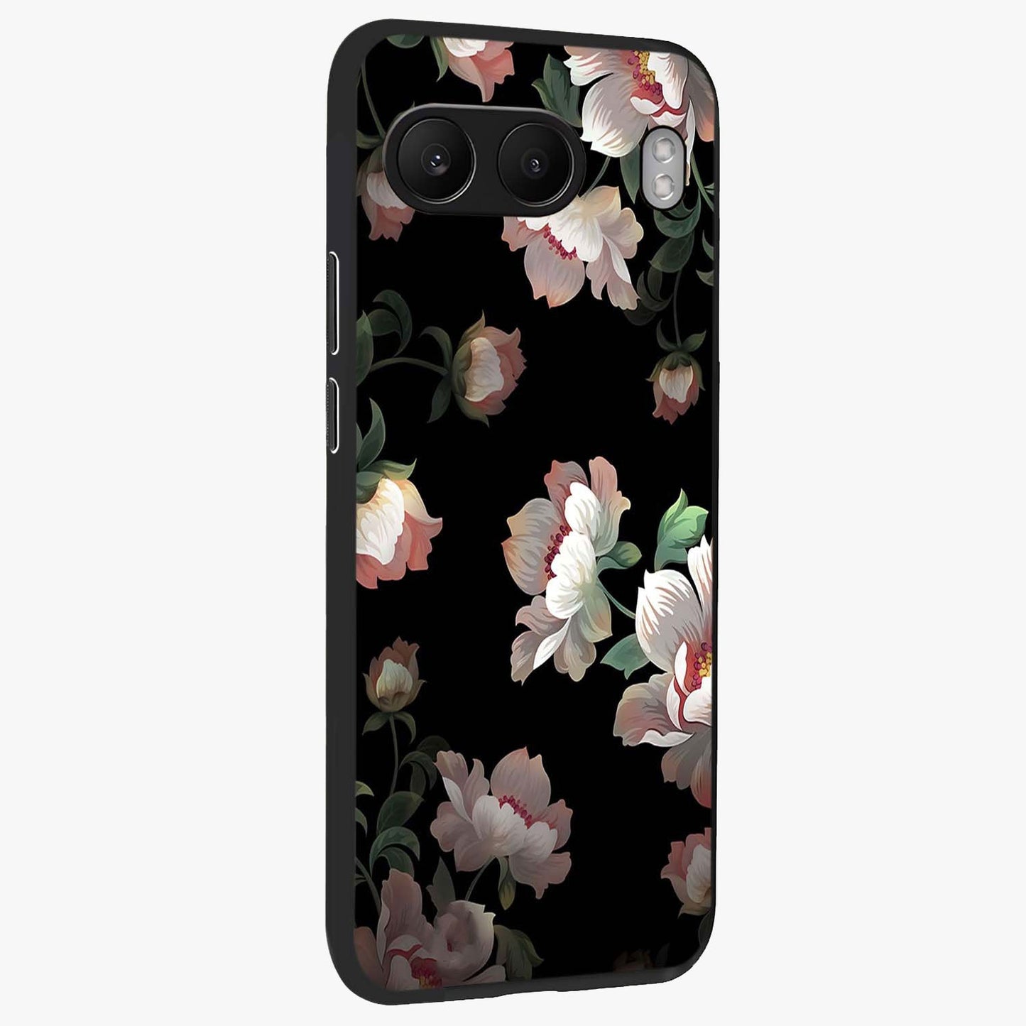 Abstract Embossed Blooming Bright Flower Glass Case for 1+Nord 4 side perspective highlighting bright embossed flower texture