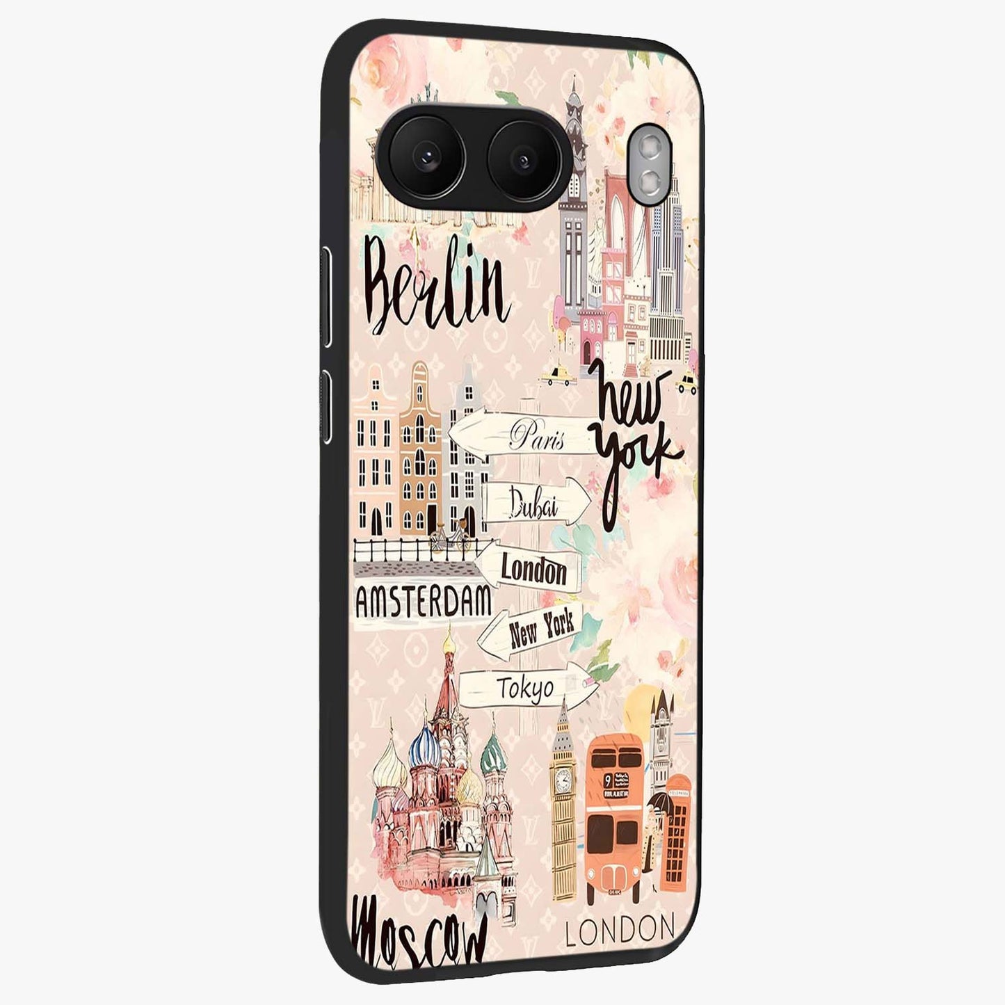 Aesthetic Travel Glass Case for 1+Nord 4 side perspective highlighting bold travel graphic details