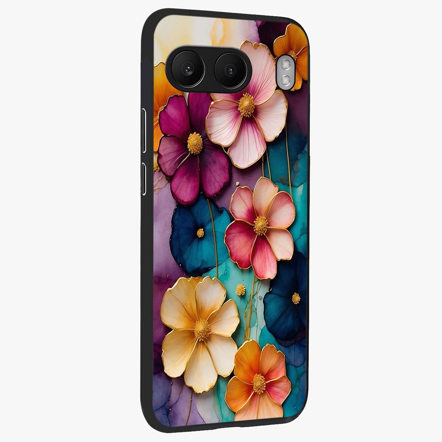 Artlyn Grace Flower Pattern Glass Case for 1+Nord 4 side perspective highlighting premium edges and delicate floral design