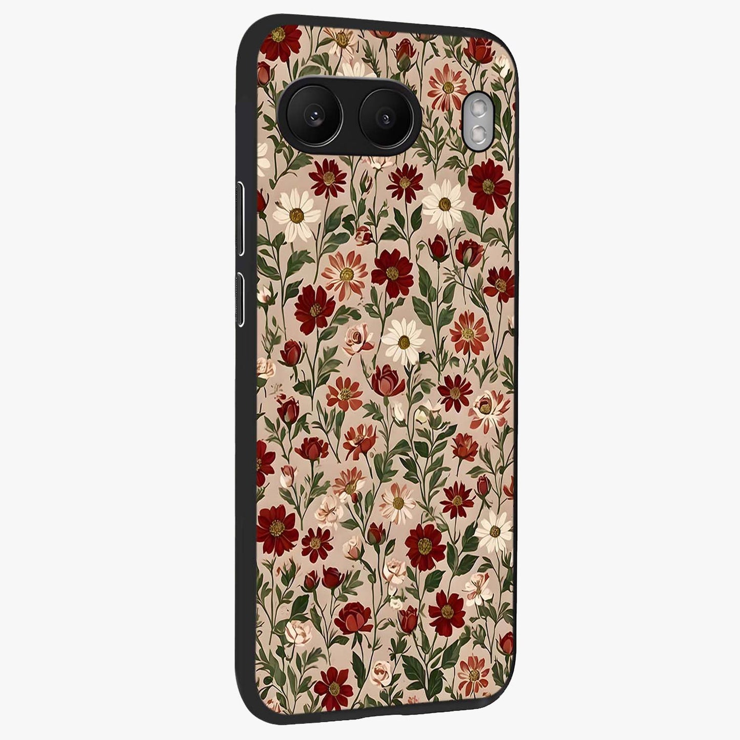 Biege Flower With Leaf Glass Case for 1+Nord 4 side perspective highlighting subtle tones and elegant flower texture