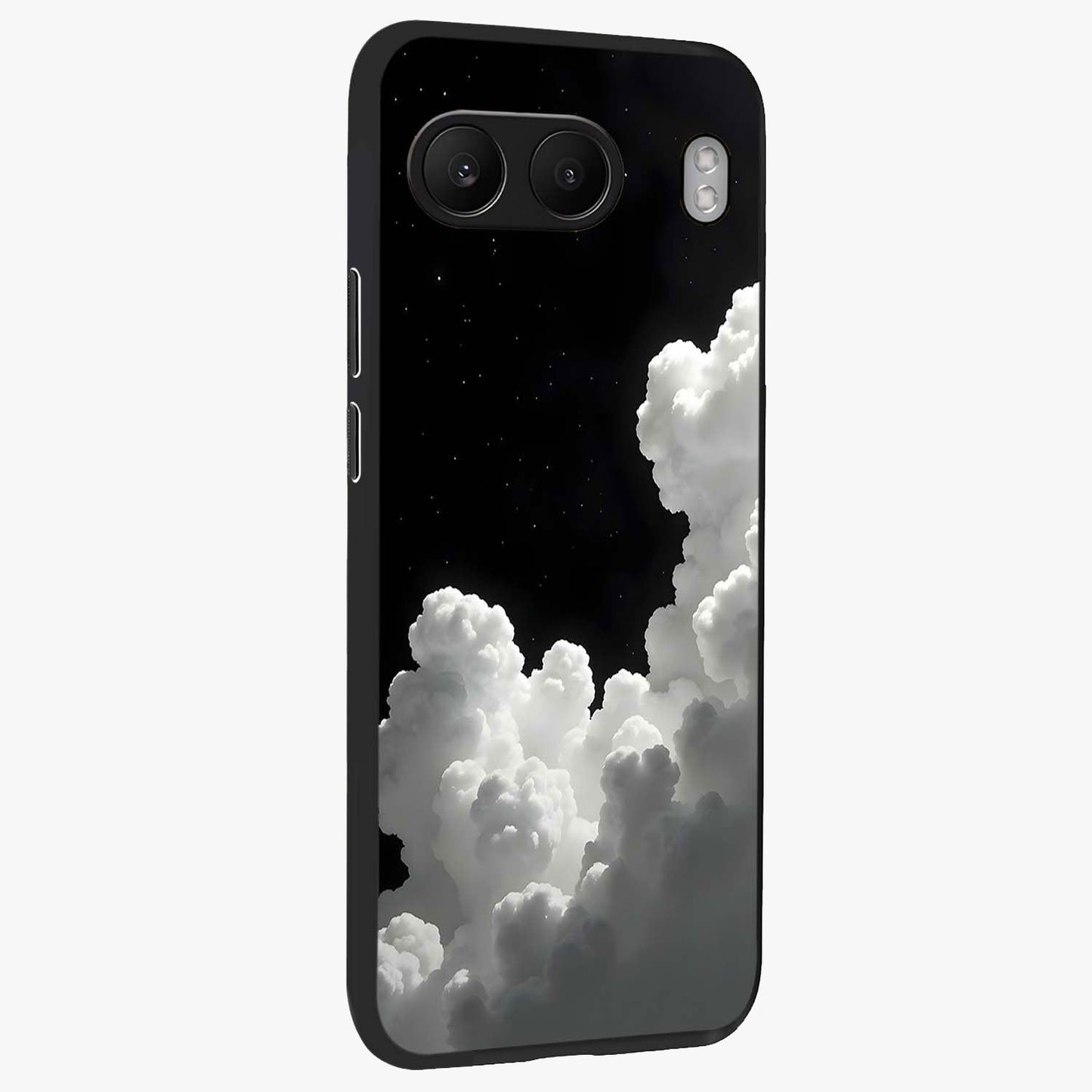 Black Background With White Cloud Glass Case for 1+Nord 4 side perspective highlighting smooth edges and minimalist sky theme
