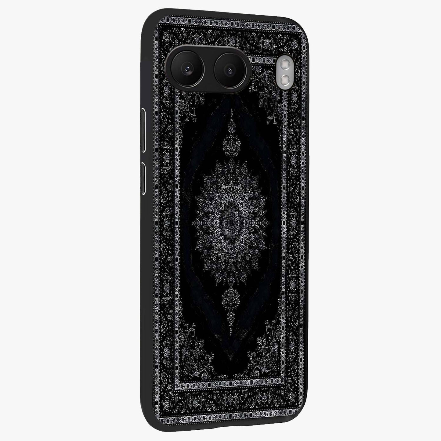 Black Persian Carpet Glass Case for 1+Nord 4 side perspective highlighting classic pattern textures and premium build