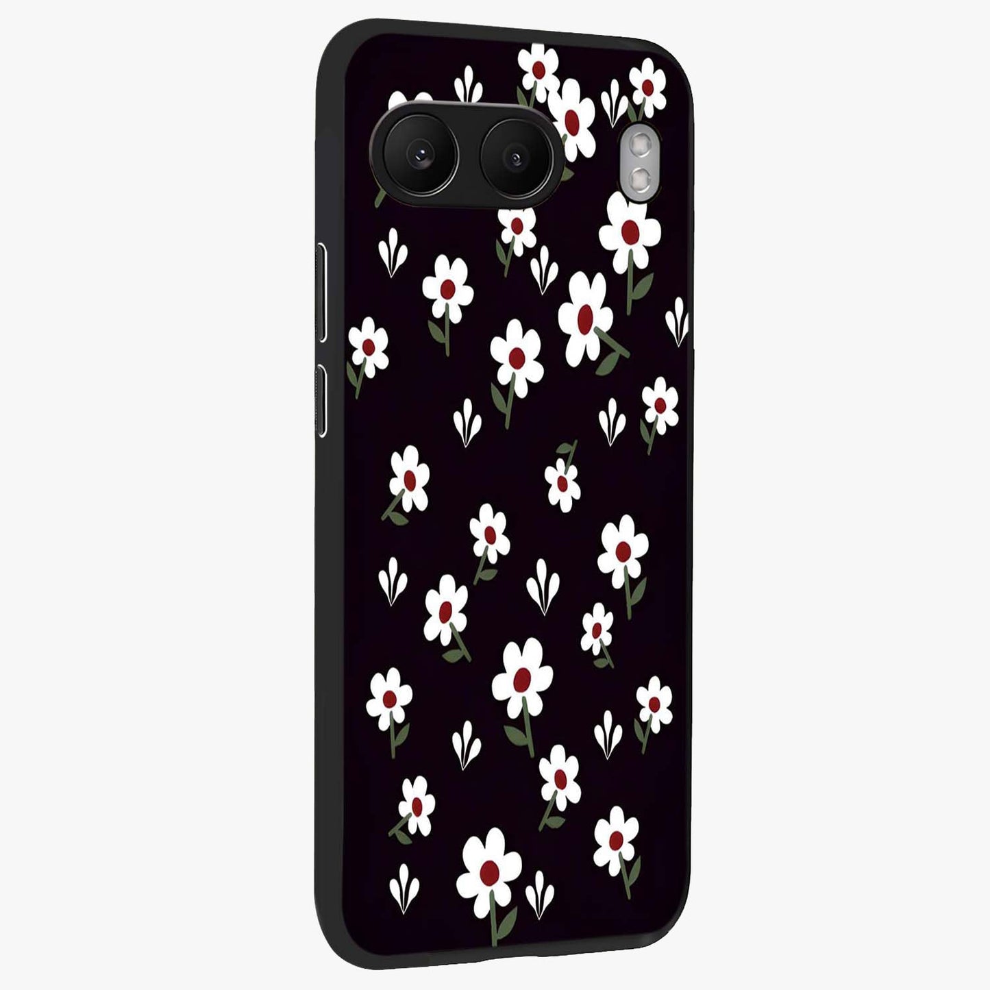 Black Prints Daisy Flower Pattern Glass Case for 1+Nord 4 side perspective highlighting delicate daisy details and smooth edges