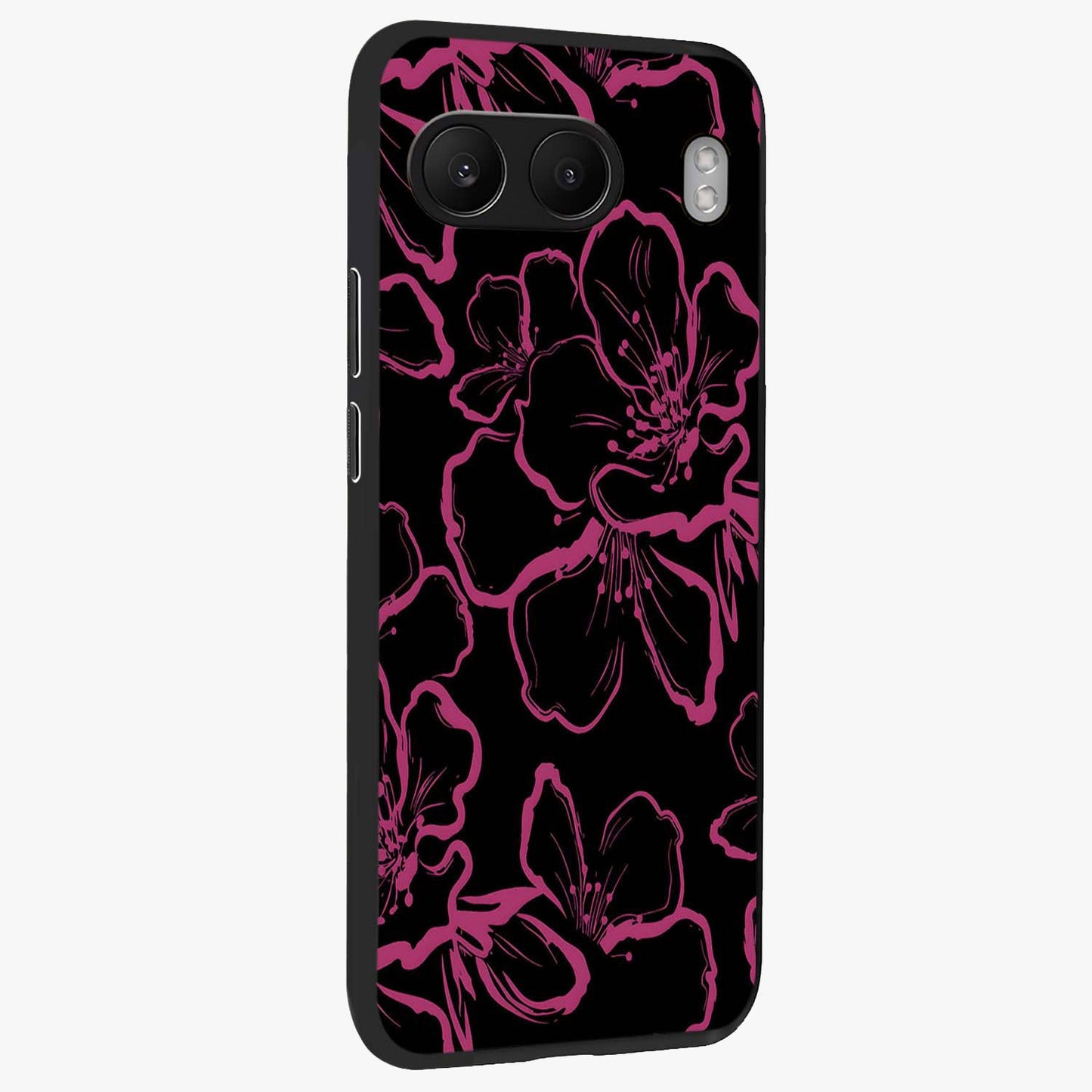 Black Violet Sketch Garden Glass Case for 1+Nord 4 side perspective highlighting elegant sketch detailing and premium finish
