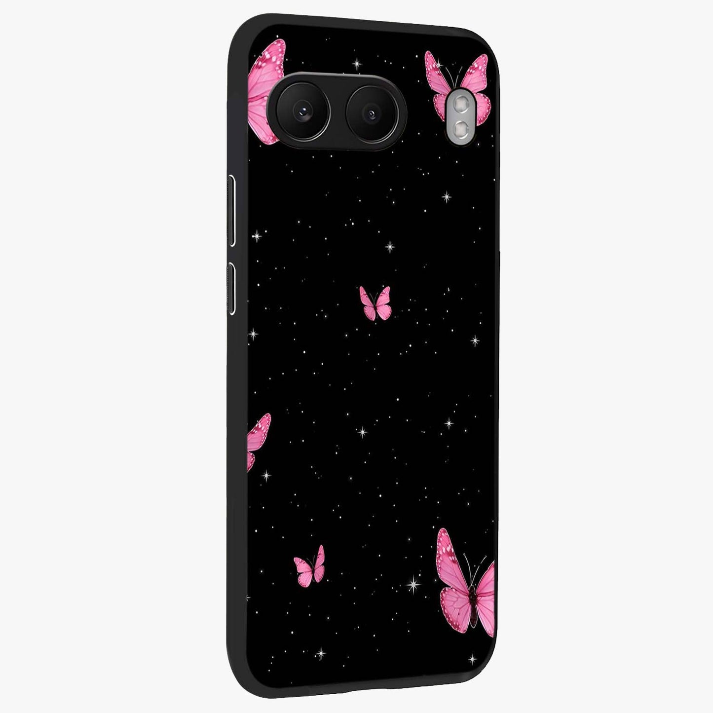 Blinking Butterfly Glass Case for 1+Nord 4 displayed upright for graceful aesthetic visibility and premium finish.