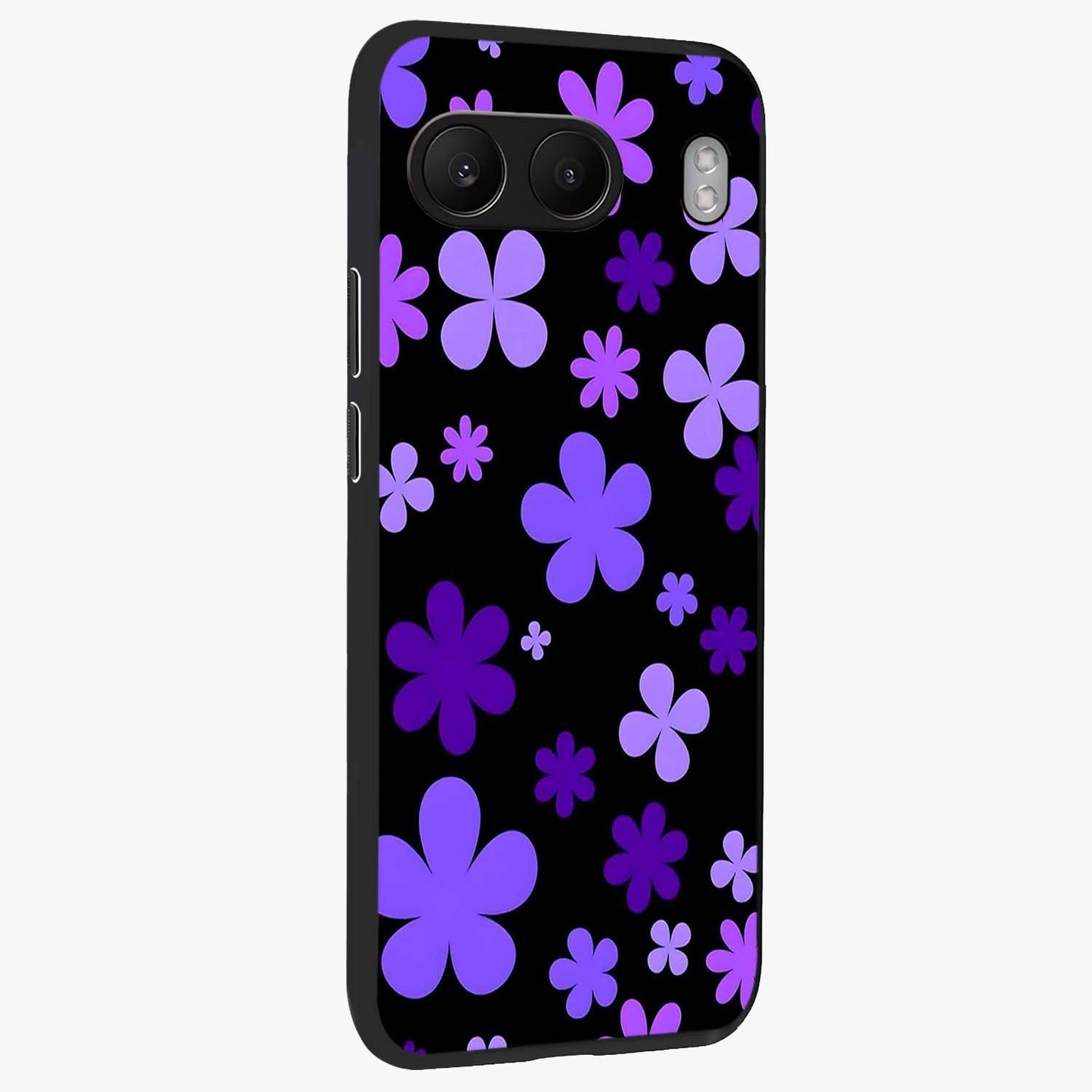 Blue Retro Pop Flowers Glass Case for 1+Nord 4 side perspective highlighting colorful vintage floral detailing