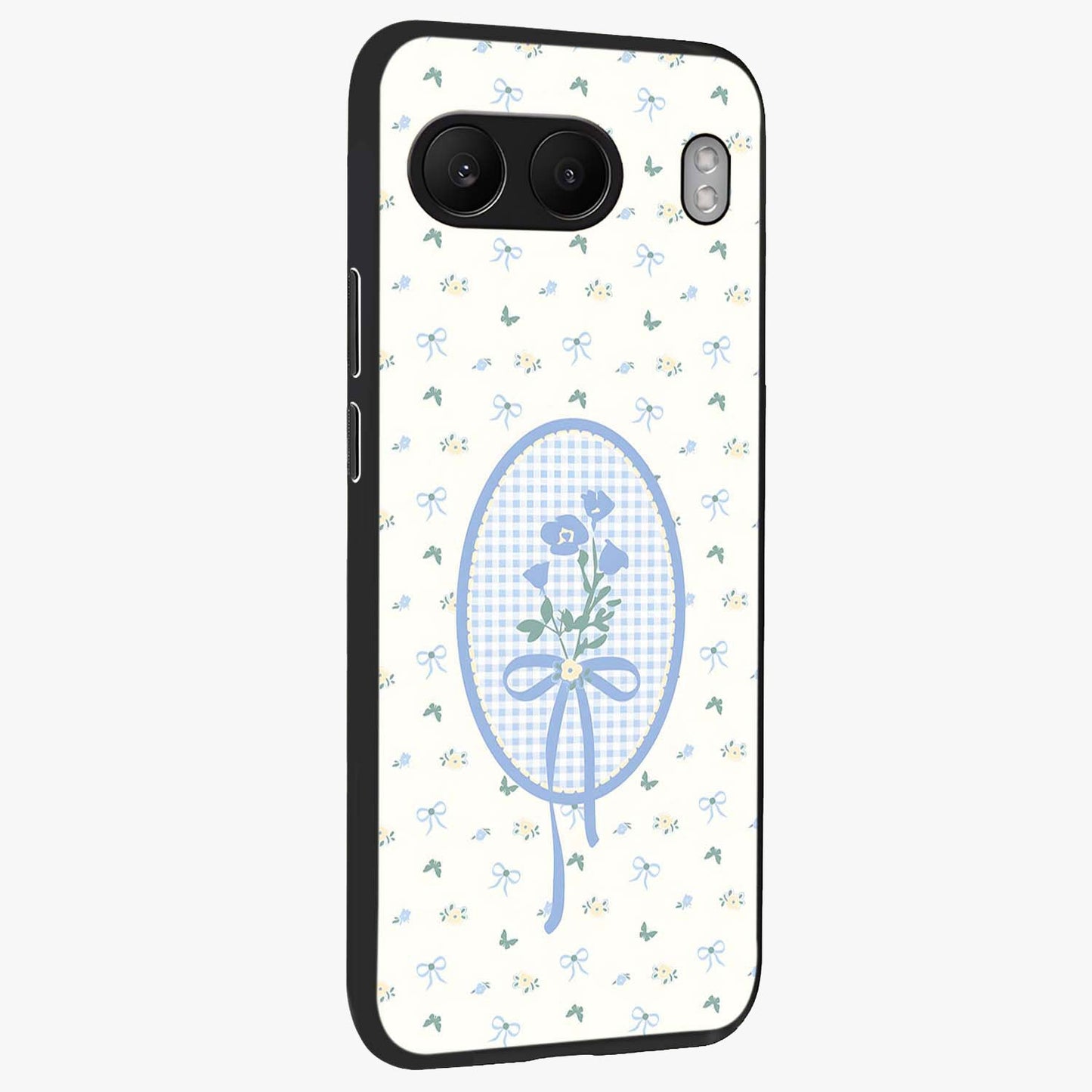 Blue Ribbon Bloom Glass Case for 1+Nord 4 side perspective highlighting graceful floral design and premium edges
