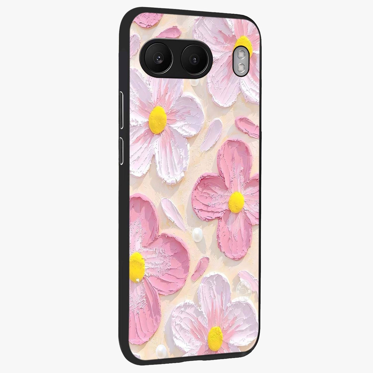 Blush Bloom Texture Glass Case for 1+Nord 4 side perspective highlighting rich floral textures and smooth edges
