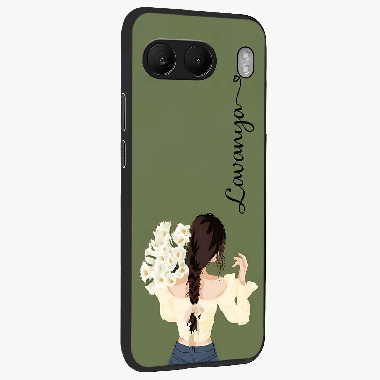 Braided Spring Beauty With Custom Name Glass Case for 1+Nord 4 side perspective highlighting custom name typography and smooth edges