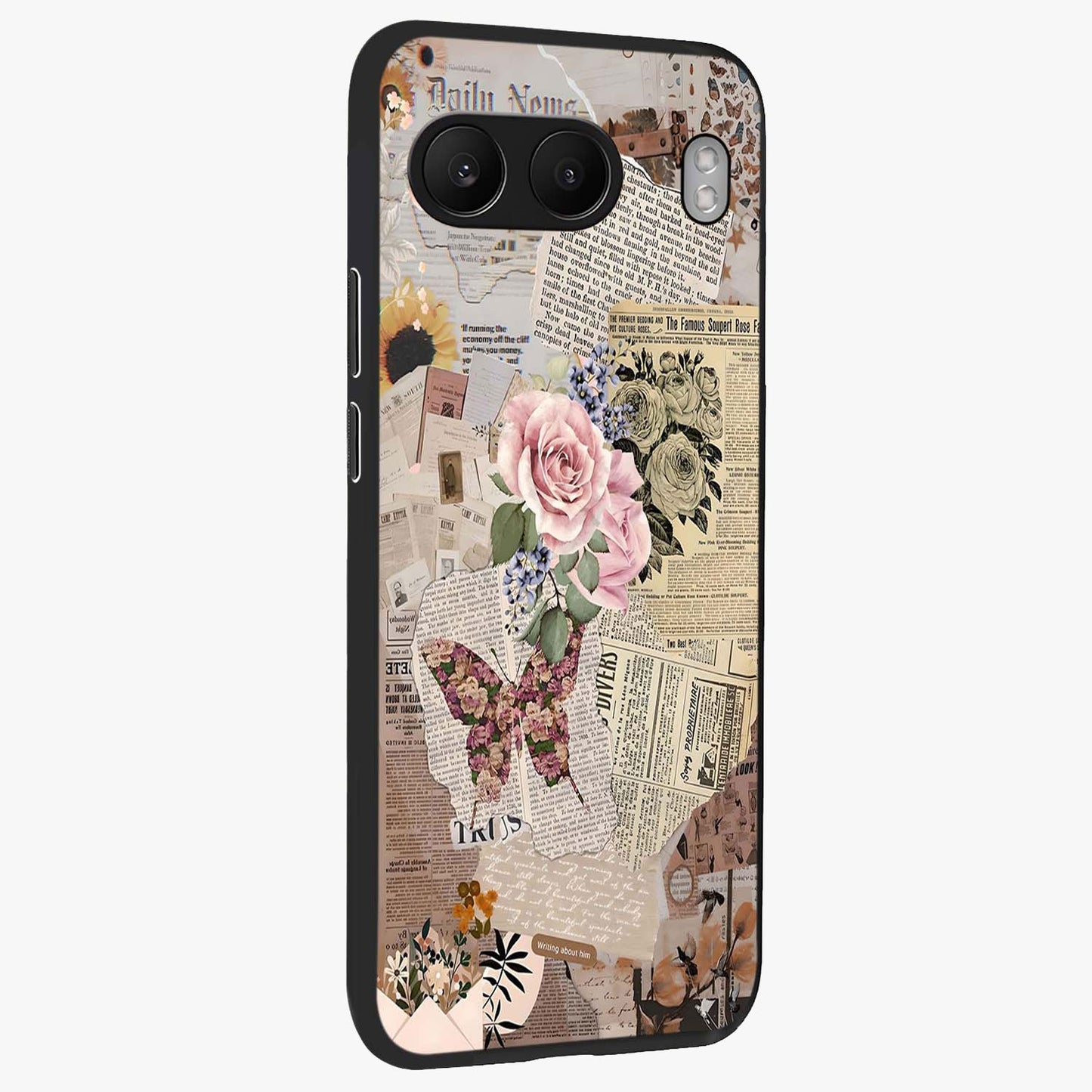 Butterfly News Bloom Glass Case for 1+Nord 4 side perspective highlighting intricate bloom details and premium finish