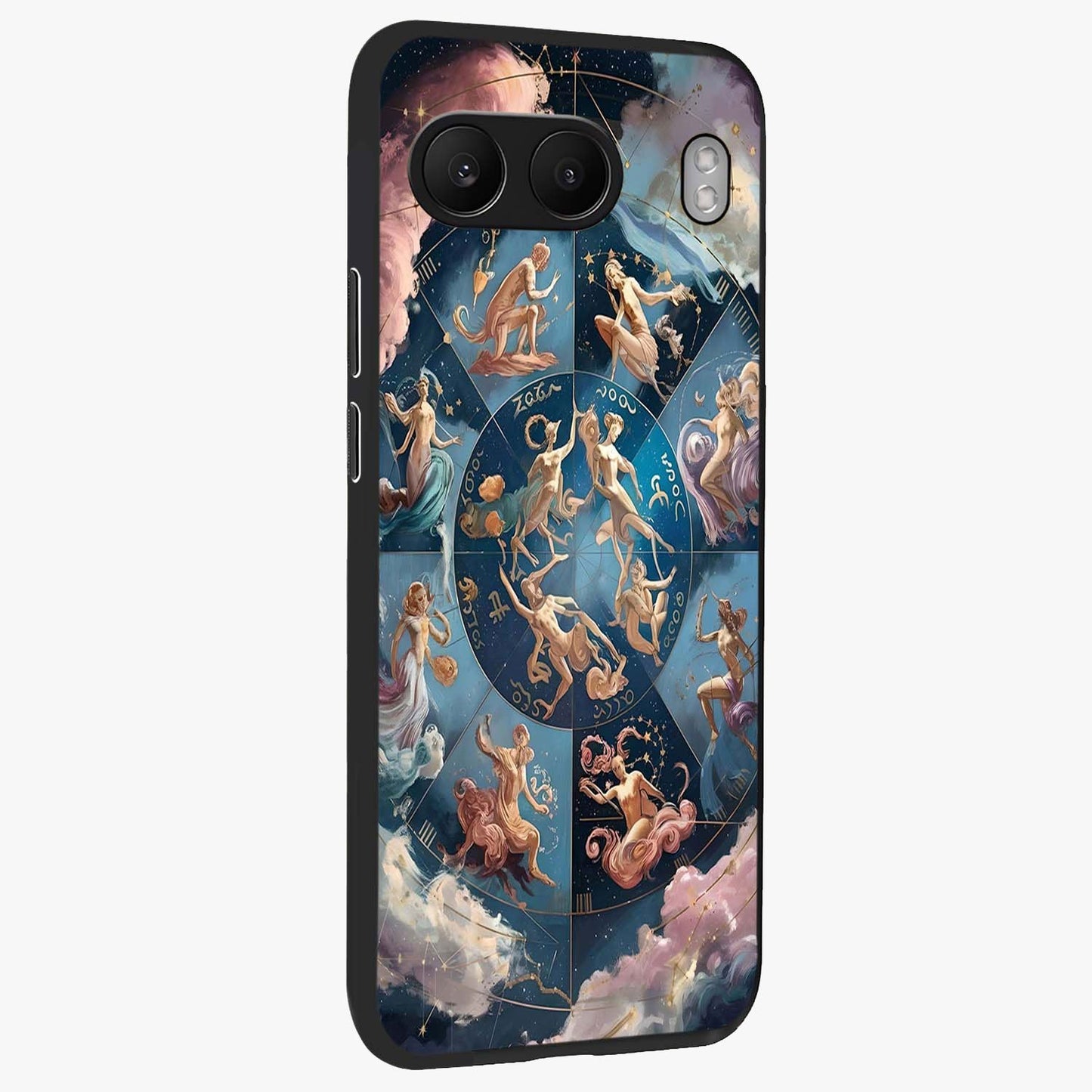 Celestial Signs Dance Glass Case for 1+Nord 4 side perspective highlighting flowing celestial patterns and sleek edges