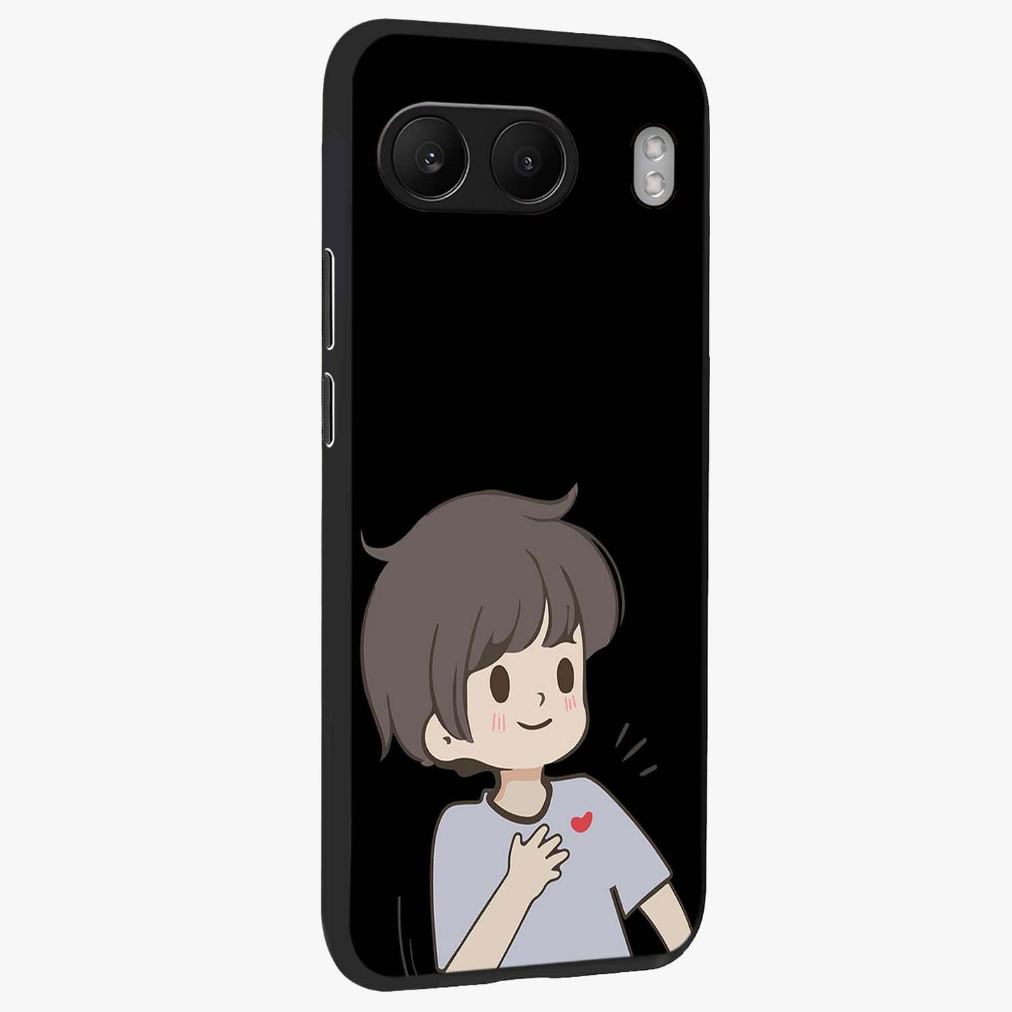 Cute Boy Heart Reaction Glass Case for 1+Nord 4 side perspective highlighting expressive illustration details and premium edges