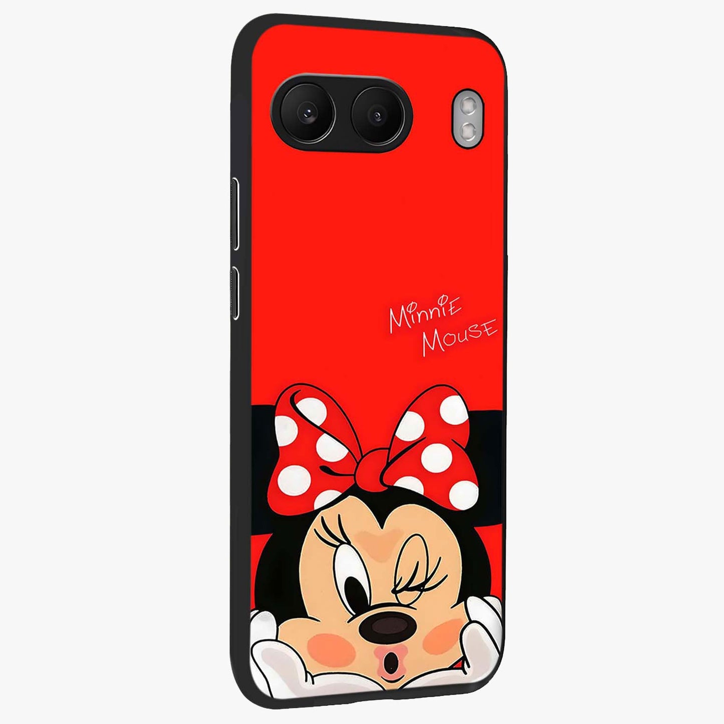 Cute Minnie Love Glass Case for 1+Nord 4 side perspective highlighting cute illustration textures and smooth premium edges