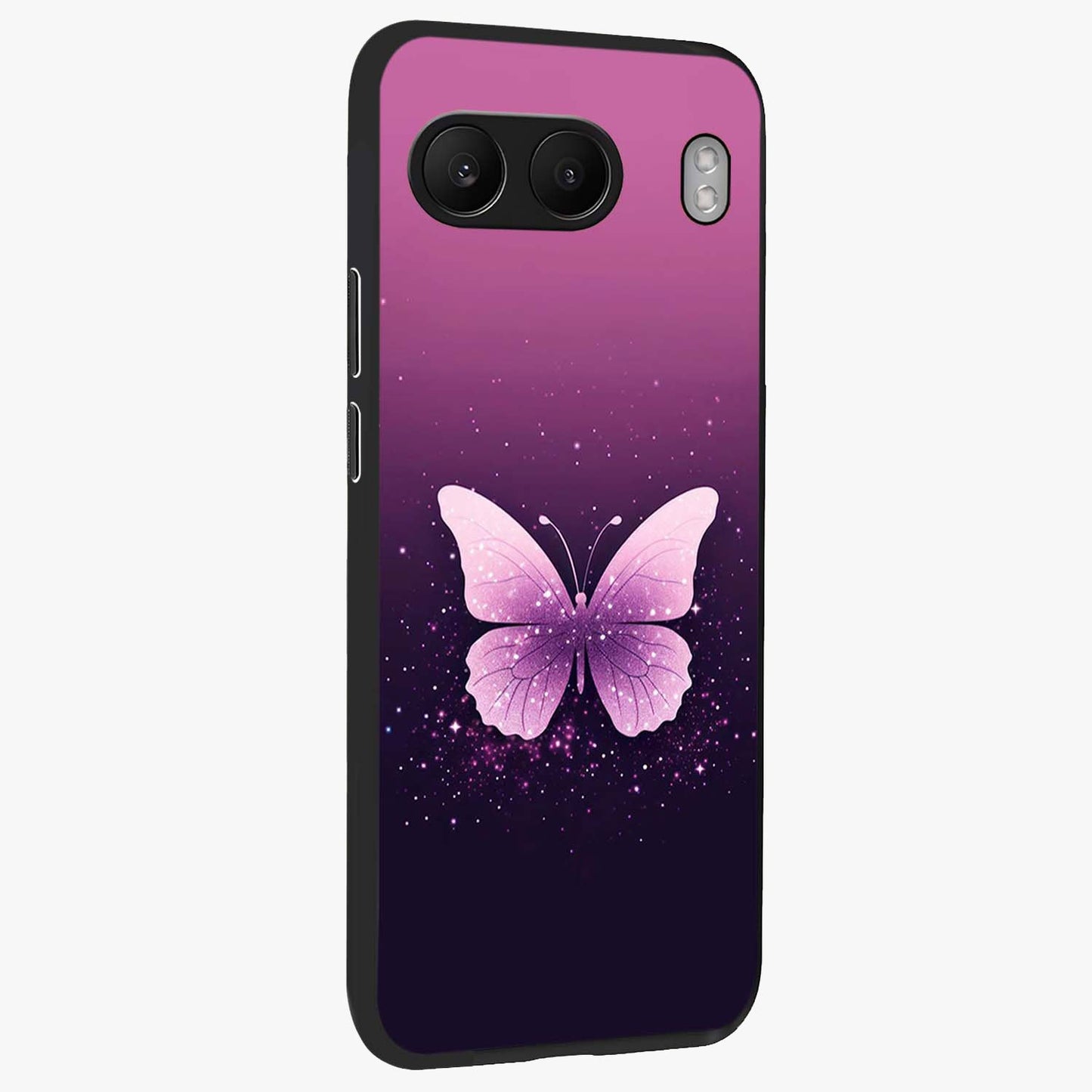 Cute Starry Butterfly Glass Case for 1+Nord 4 side perspective highlighting glowing star details and sleek edge finish