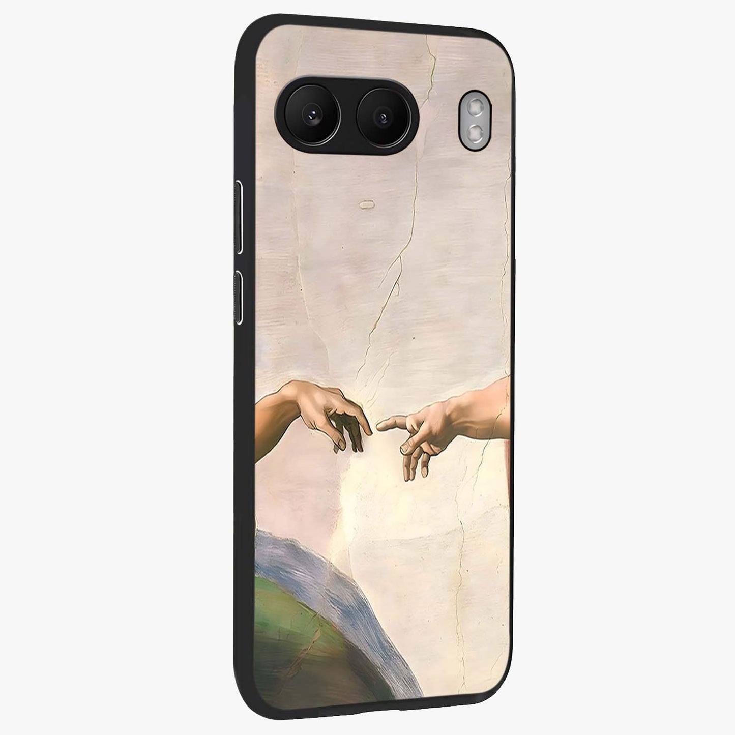 Divine Touch Art Glass Case for 1+Nord 4 side perspective highlighting detailed artwork and premium edge finish