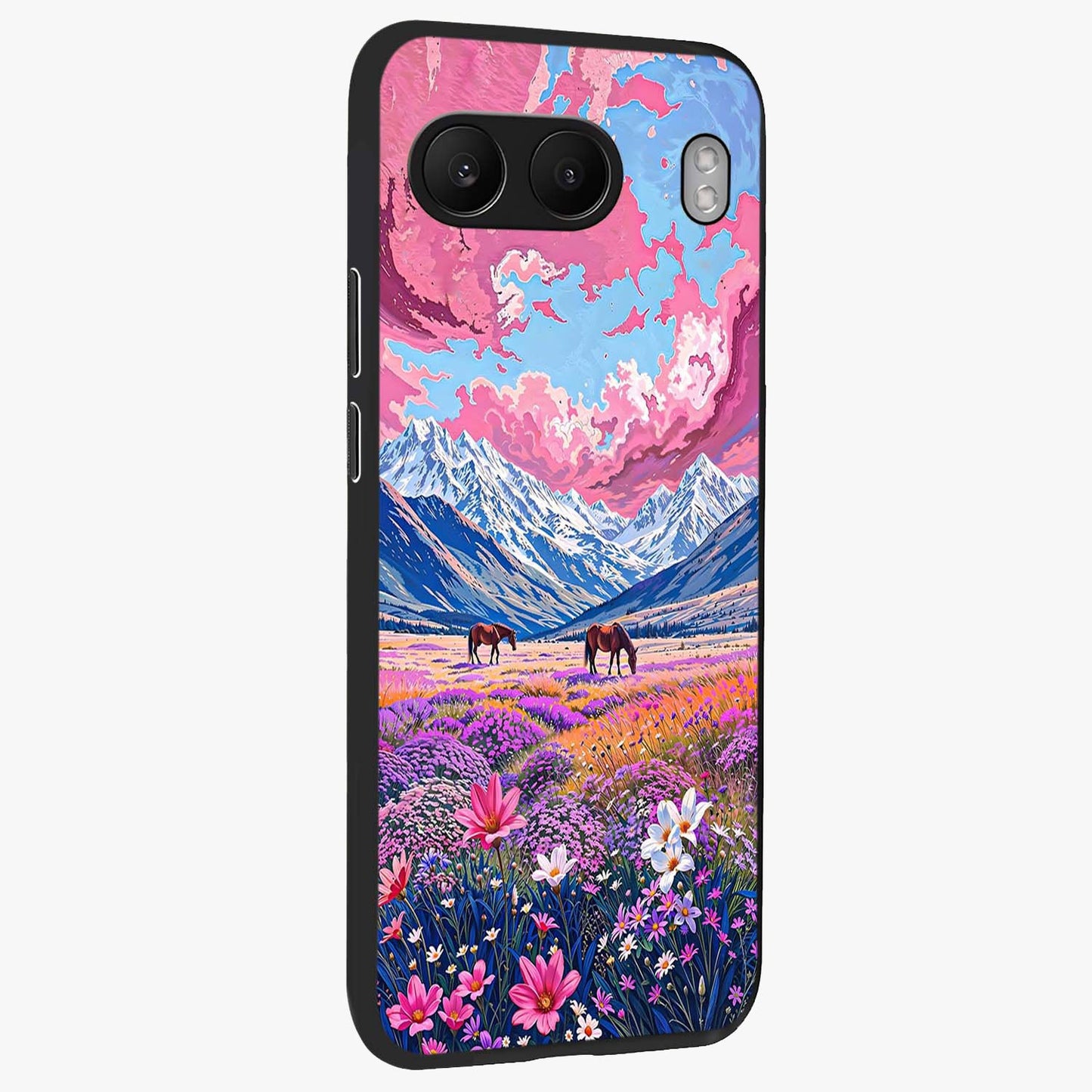 Dreamy Floral Pastures Glass Case for 1+Nord 4 side perspective highlighting calming floral detailing and sleek build