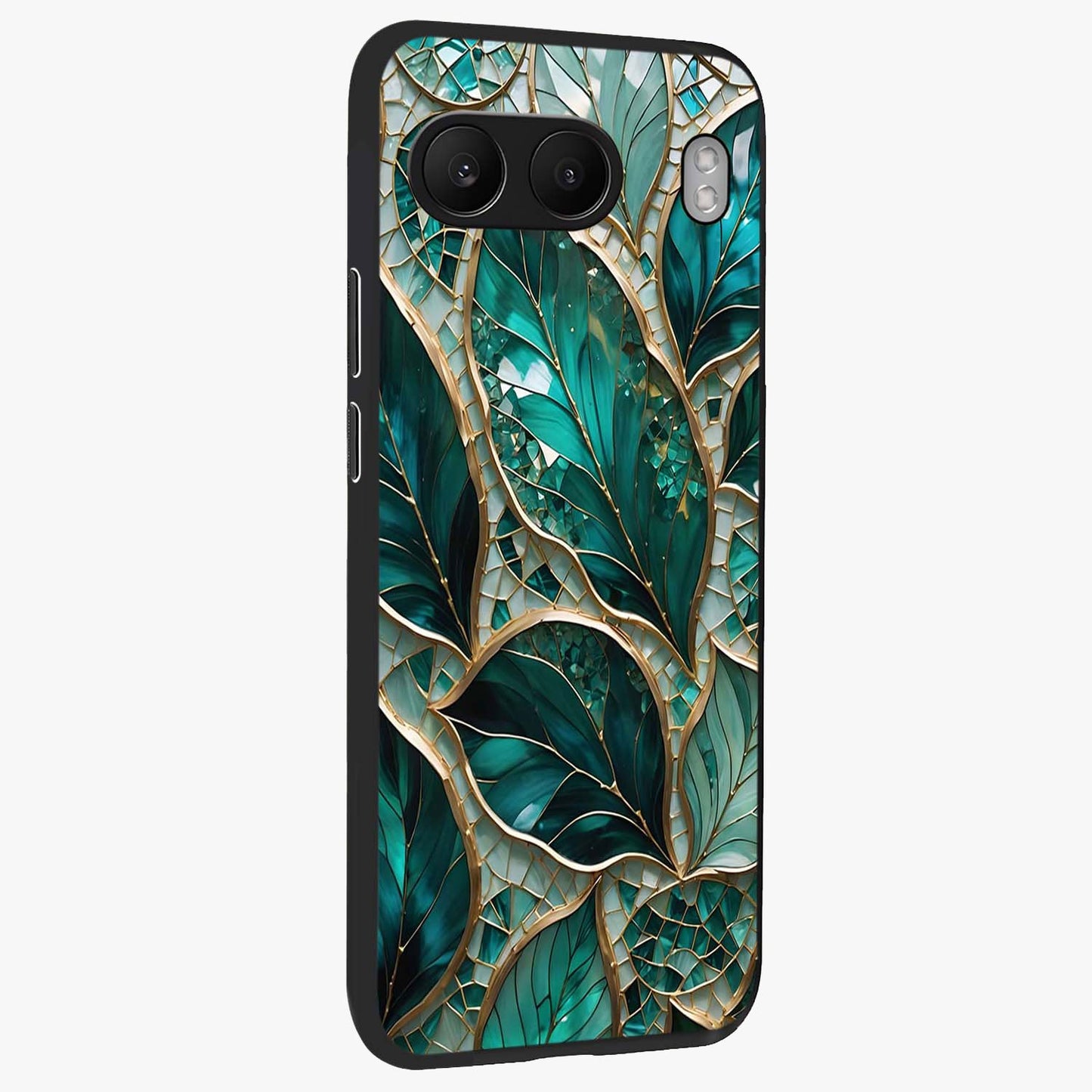 Emerald Leaf Glass Case for 1+Nord 4 side perspective highlighting refined leaf textures and sleek build