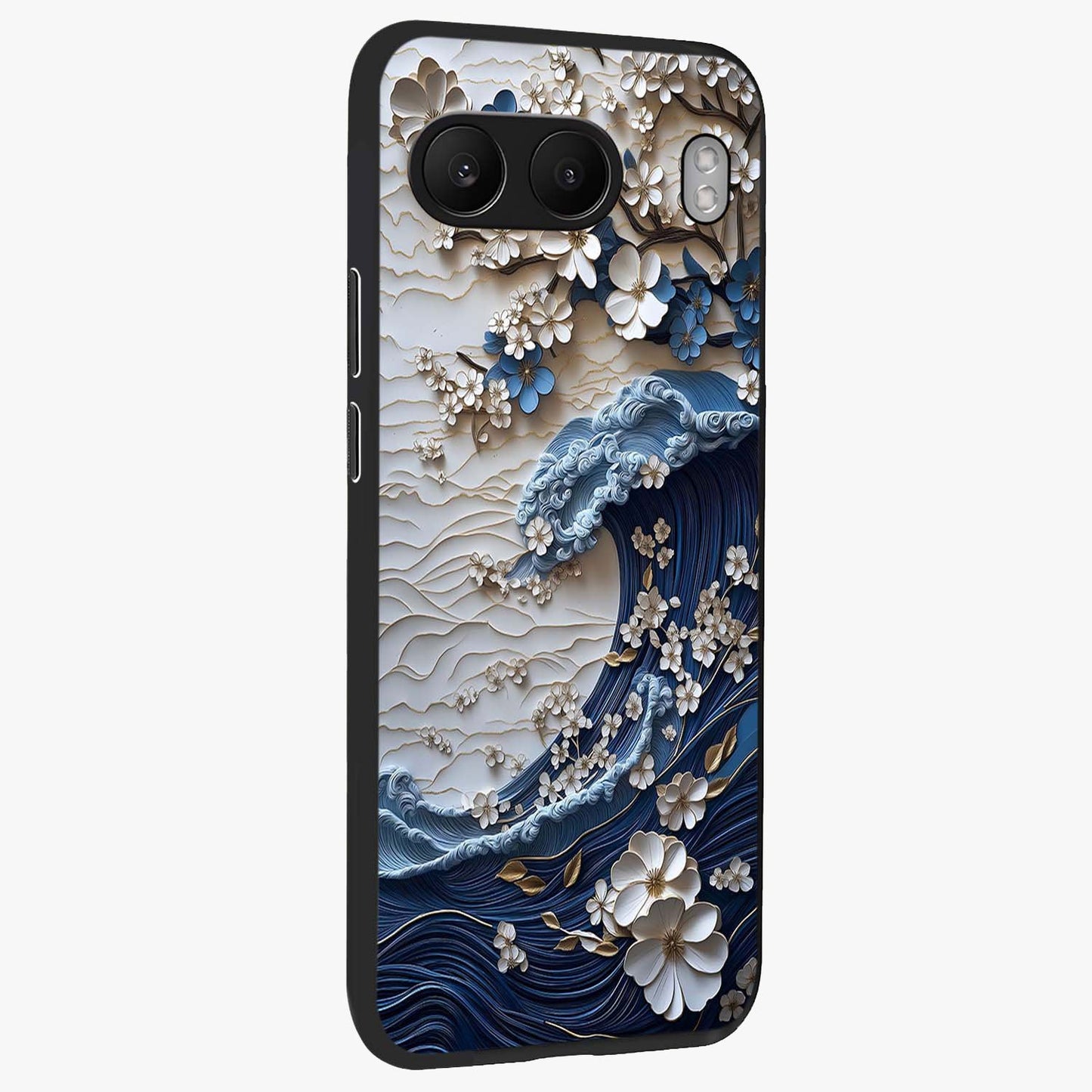 Floral Wave Origami Glass Case for 1+Nord 4 side perspective highlighting sharp origami textures and sleek premium edges