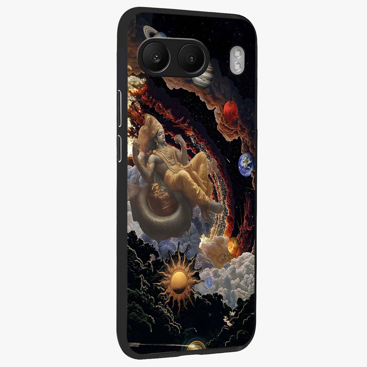 Galactic Divine God Glass Case for 1+Nord 4 side perspective highlighting intricate divine detailing and premium edge finish