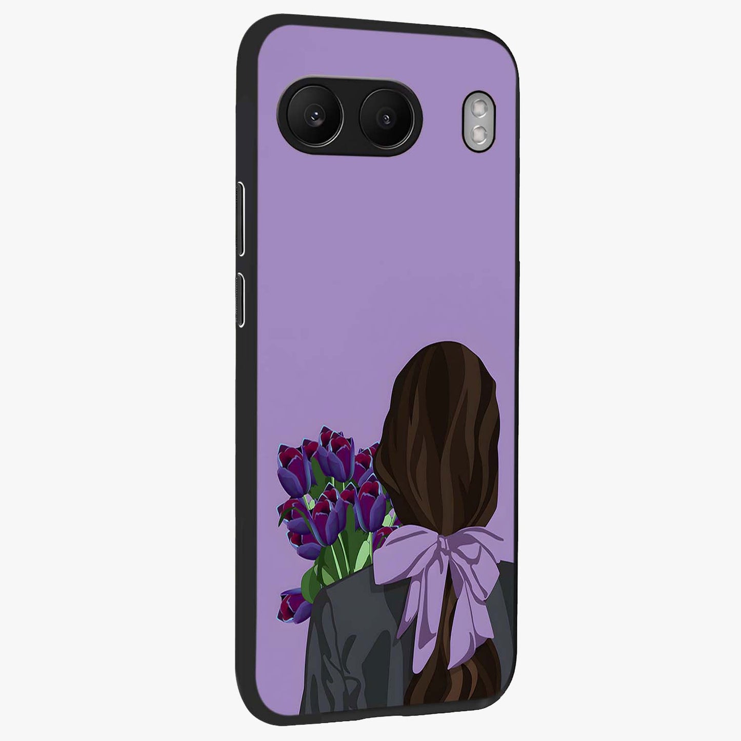 Girl Holding Flowers Glass Case for 1+Nord 4 side perspective highlighting delicate floral detailing and premium edges