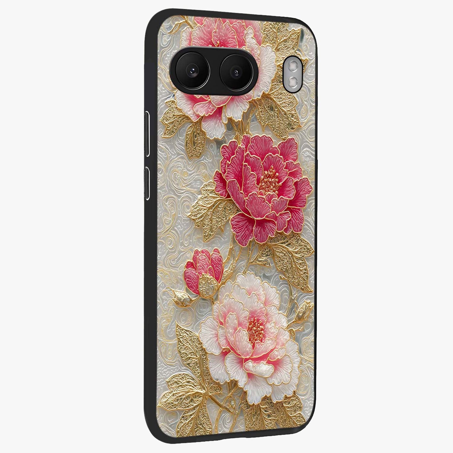 Golden Blossom Elegance Glass Case for 1+Nord 4 side perspective highlighting delicate floral textures and sleek build