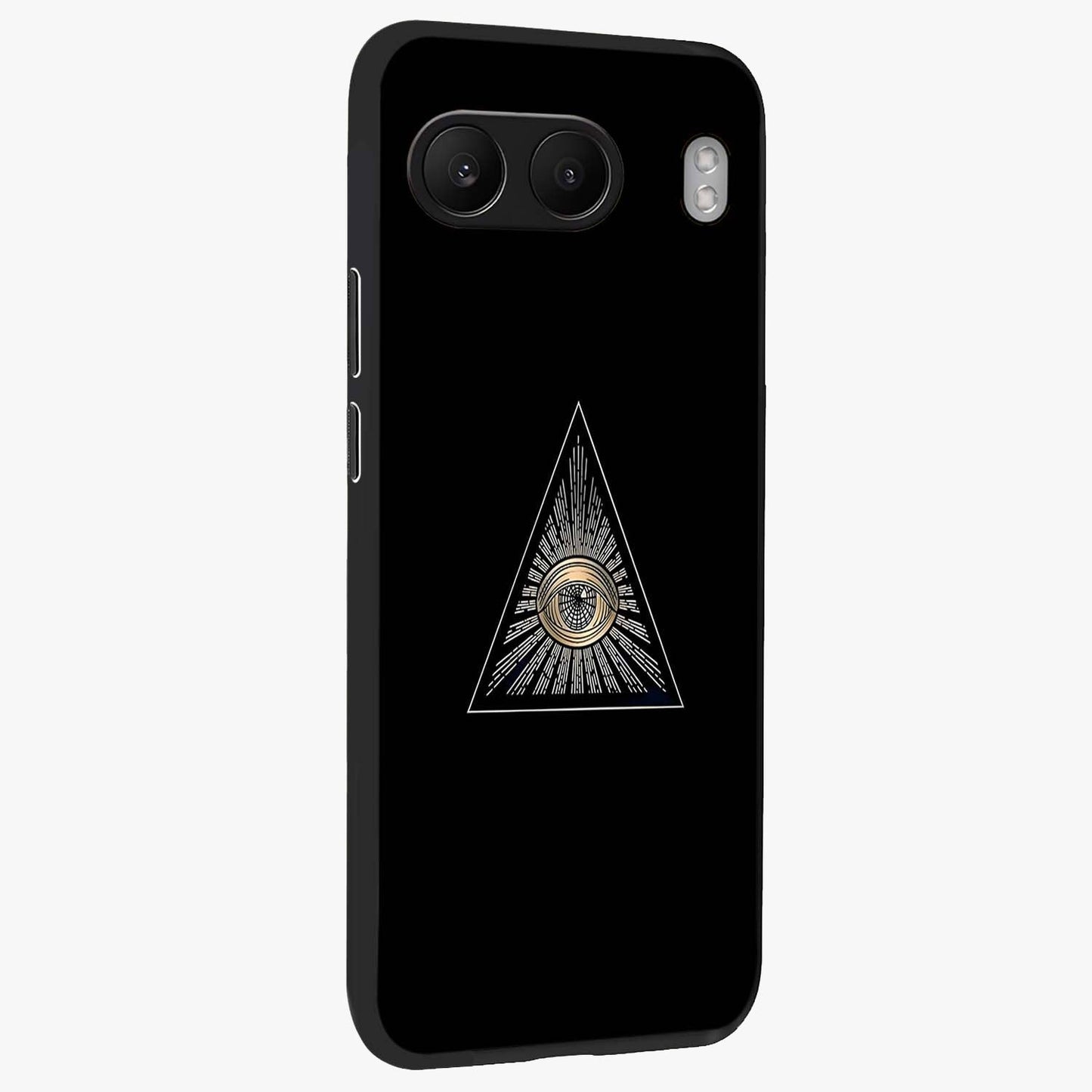 Illuminati Evil Glass Case for 1+Nord 4 displayed upright for mysterious statement visibility and premium finish.