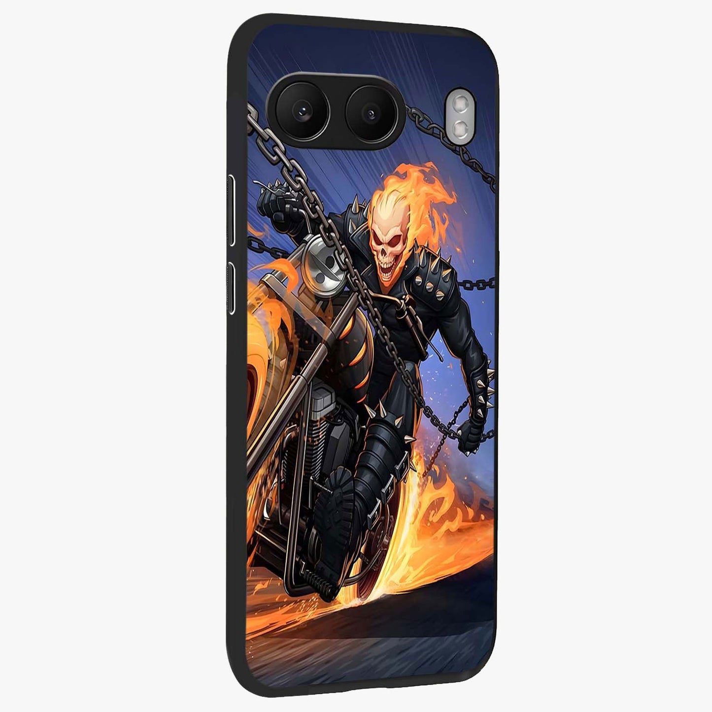 Inferno Chain Rider Glass Case for 1+Nord 4 displayed upright for bold action visibility and premium finish.