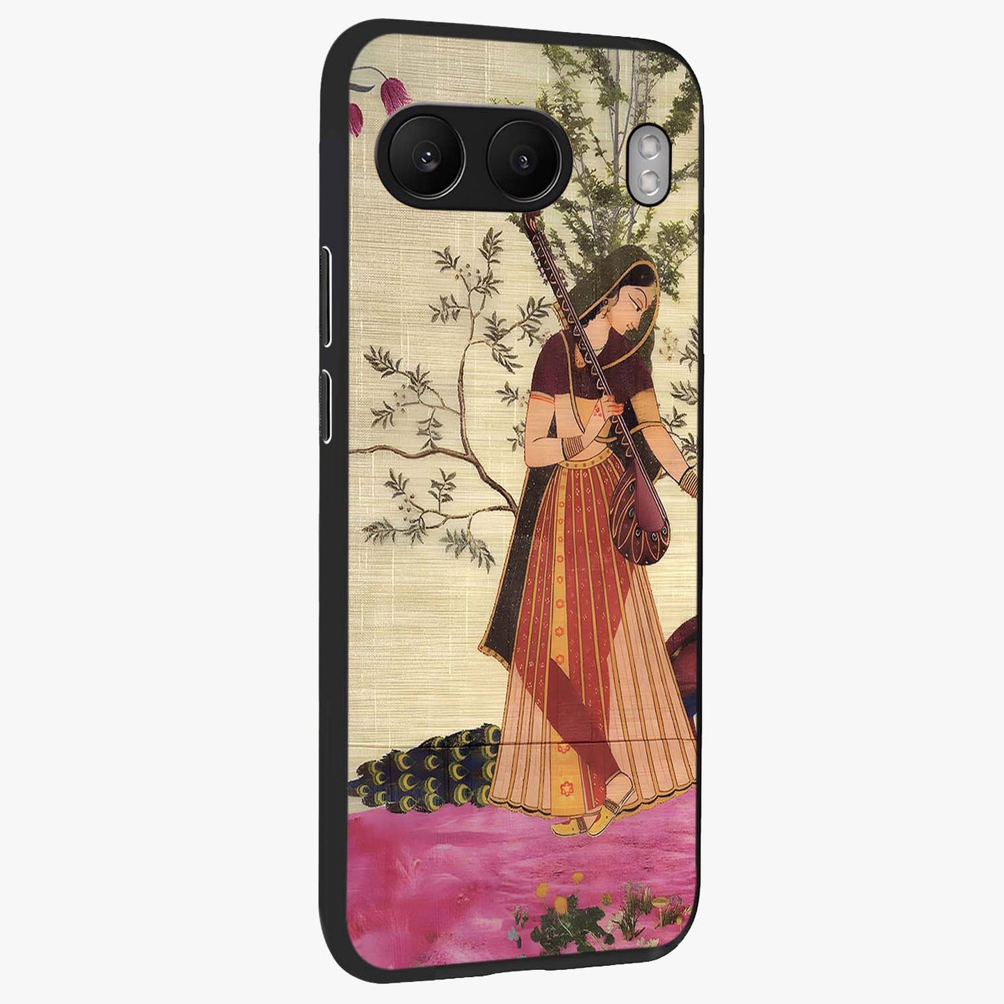 Lady With Veena Art Glass Case for 1+Nord 4 side perspective highlighting graceful illustration textures and sleek build