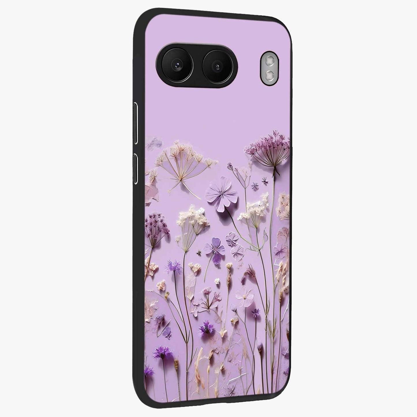 Lavender Blossom Dream Glass Case for 1+Nord 4 side perspective highlighting gentle bloom detailing and premium edges