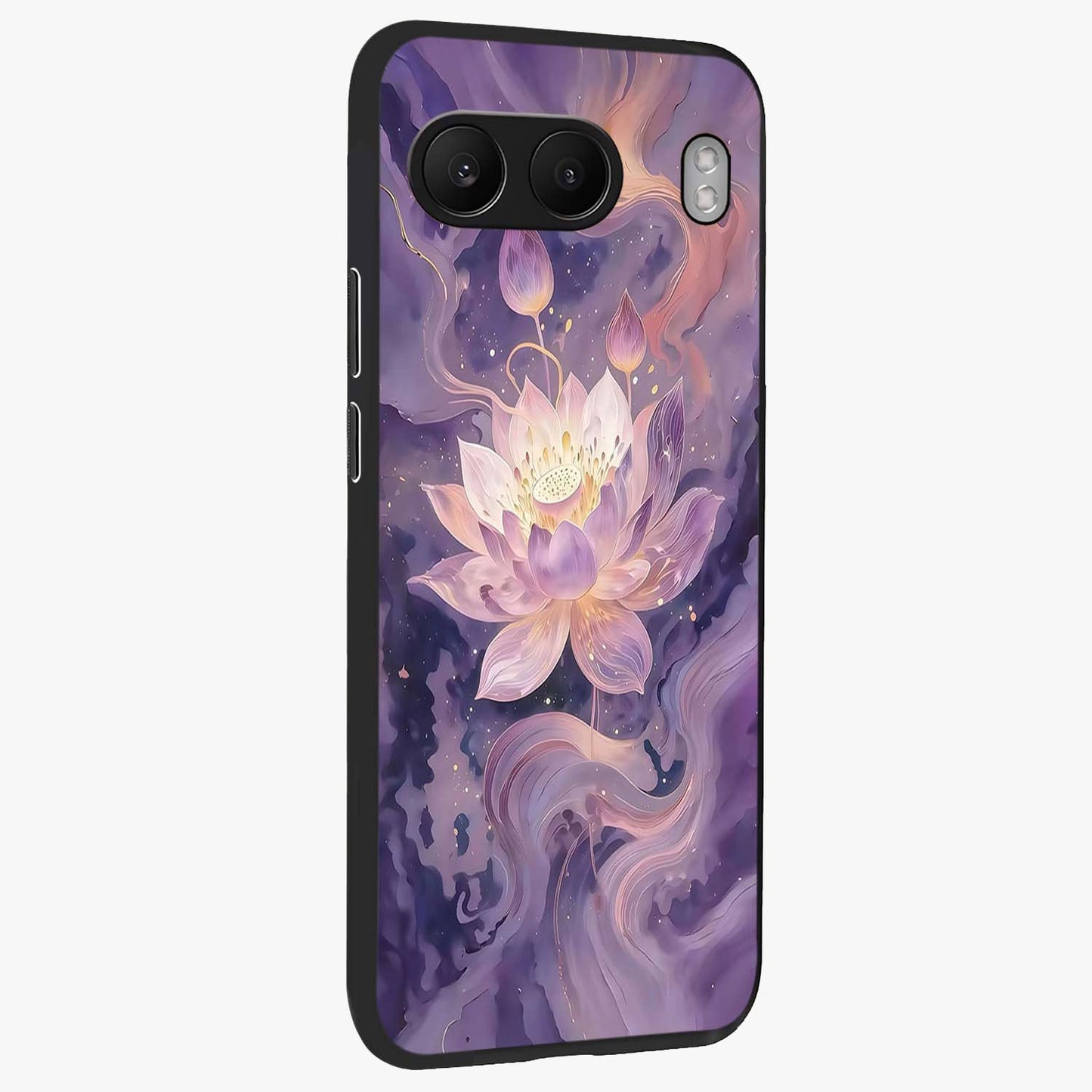 Lavender Lotus Muse Glass Case for 1+Nord 4 side perspective highlighting serene lotus textures and premium edges