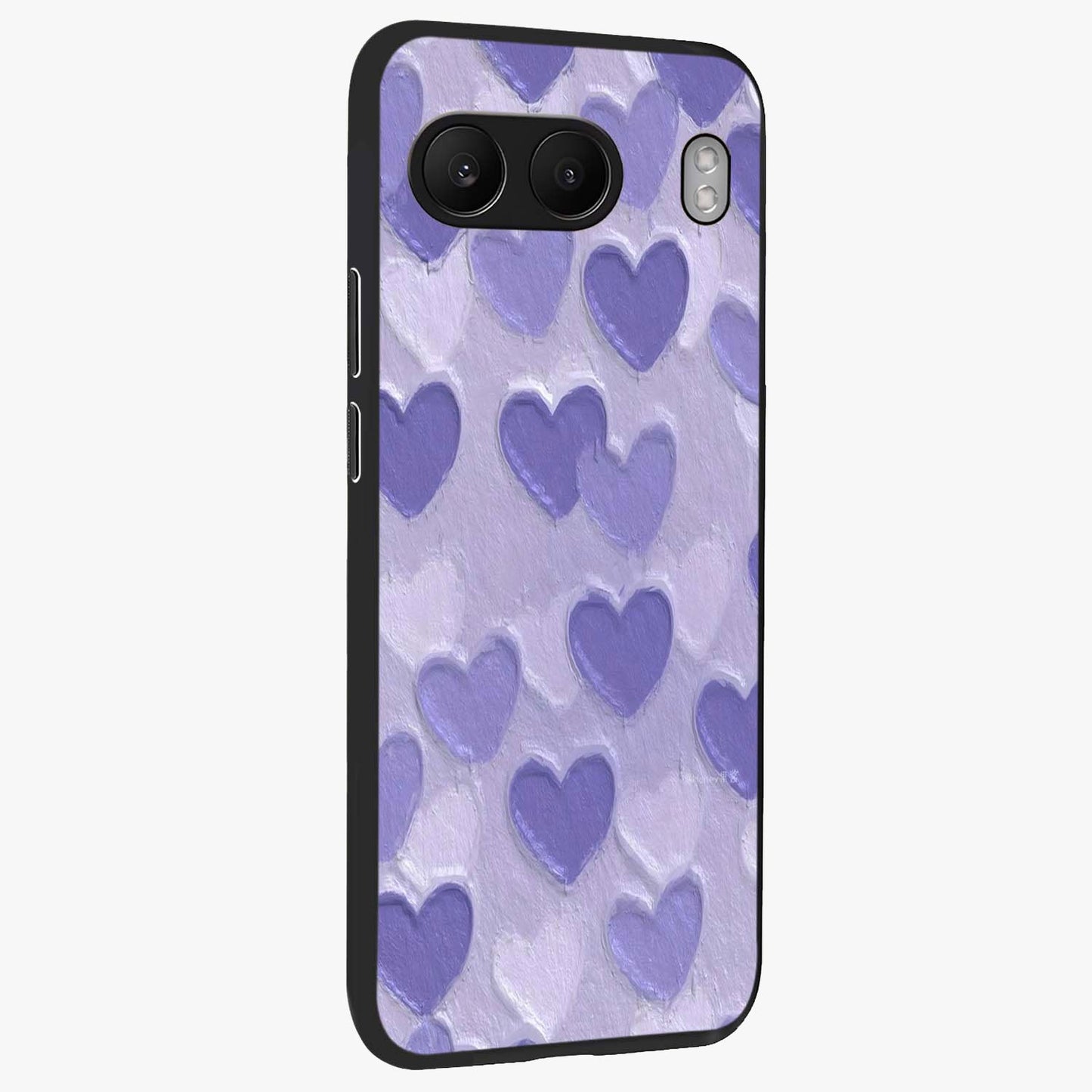 Lavender Paper Hearts Glass Case for 1+Nord 4 side perspective highlighting delicate heart textures and sleek build