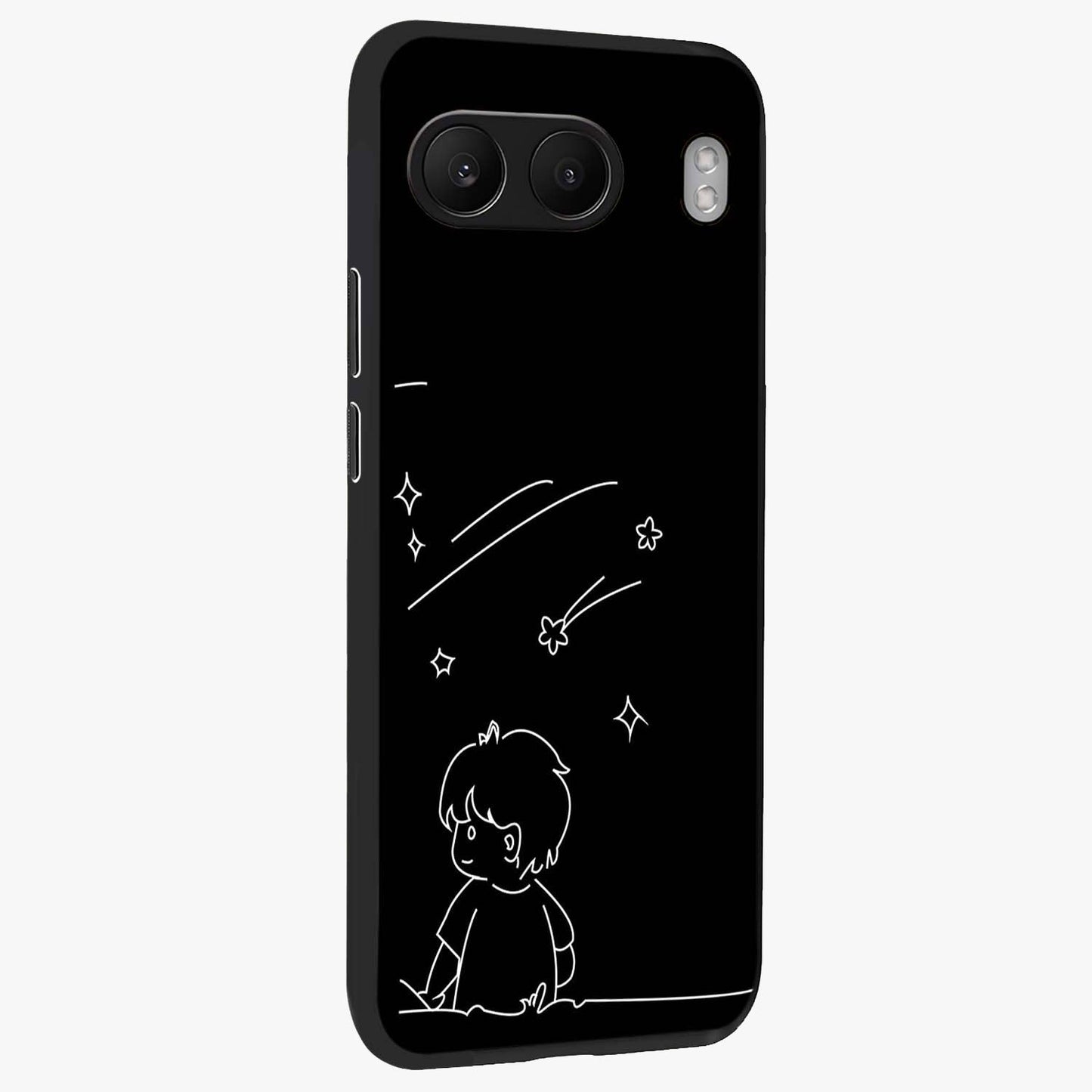 Line Art Boy With Shooting Stars Glass Case for 1+Nord 4 side perspective highlighting delicate line textures and smooth edges