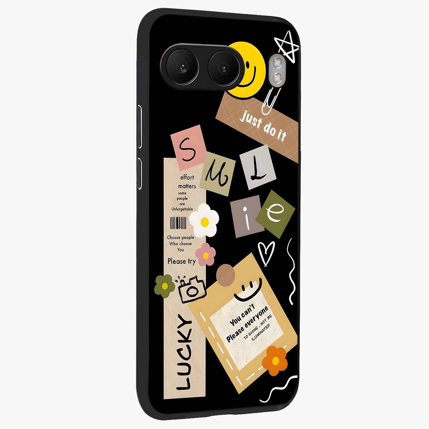 Lucky Aesthetic Collage Case Glass Case for 1+Nord 4 side perspective highlighting playful detailing and sleek edges