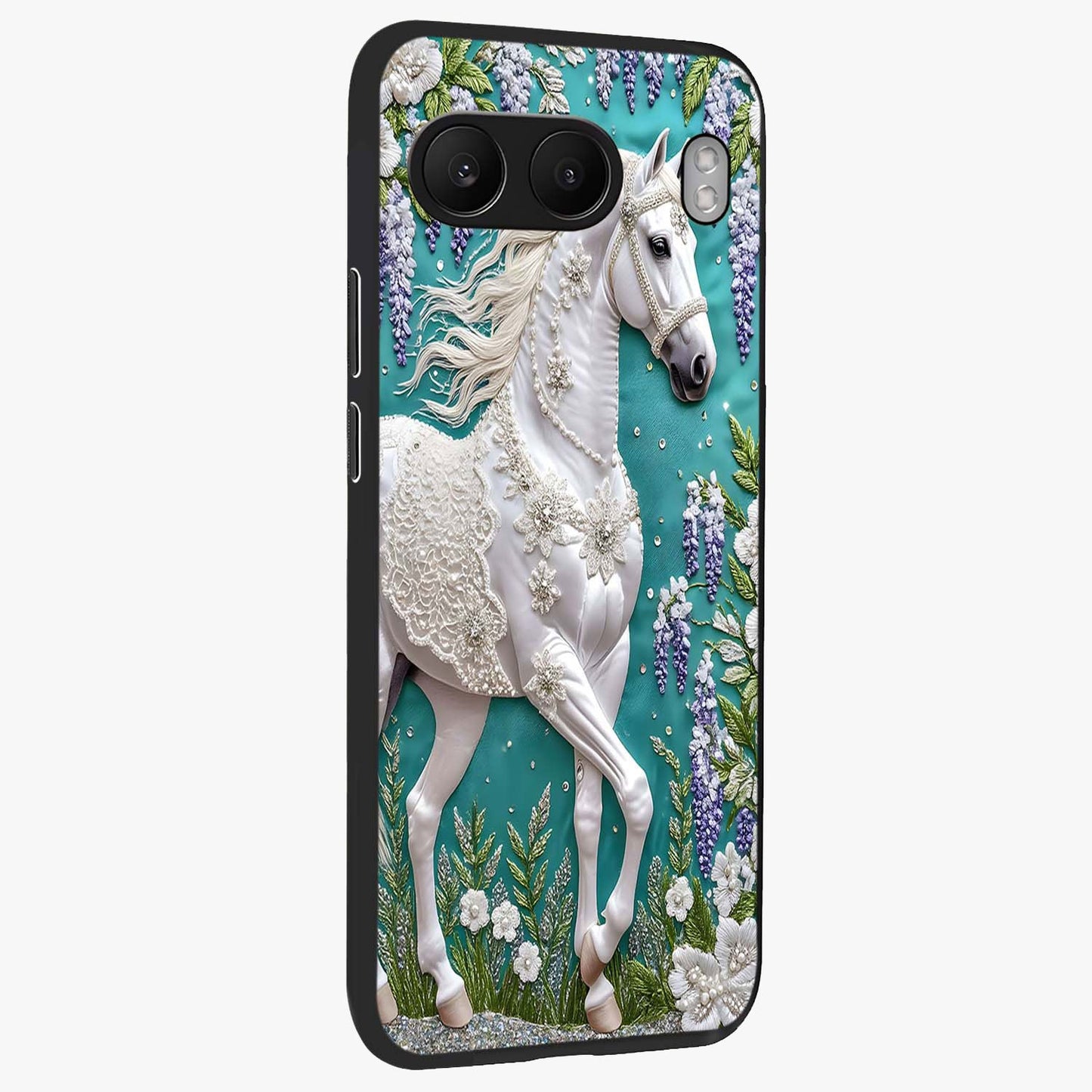 Majestic Floral Stallion Glass Case for 1+Nord 4 side perspective highlighting refined equestrian textures and premium edges