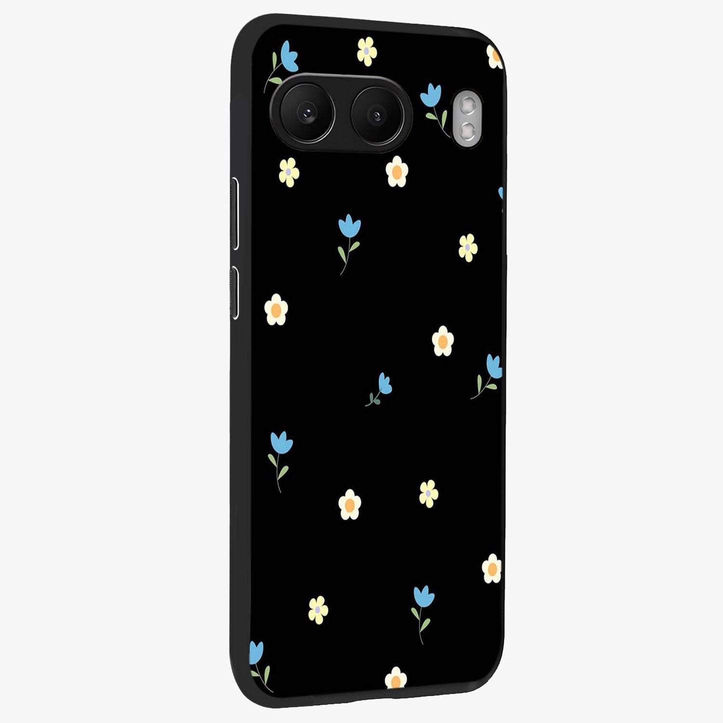 Minimalistic Blue With White Flower Pattern Glass Case for 1+Nord 4 side perspective highlighting subtle floral textures and premium edges