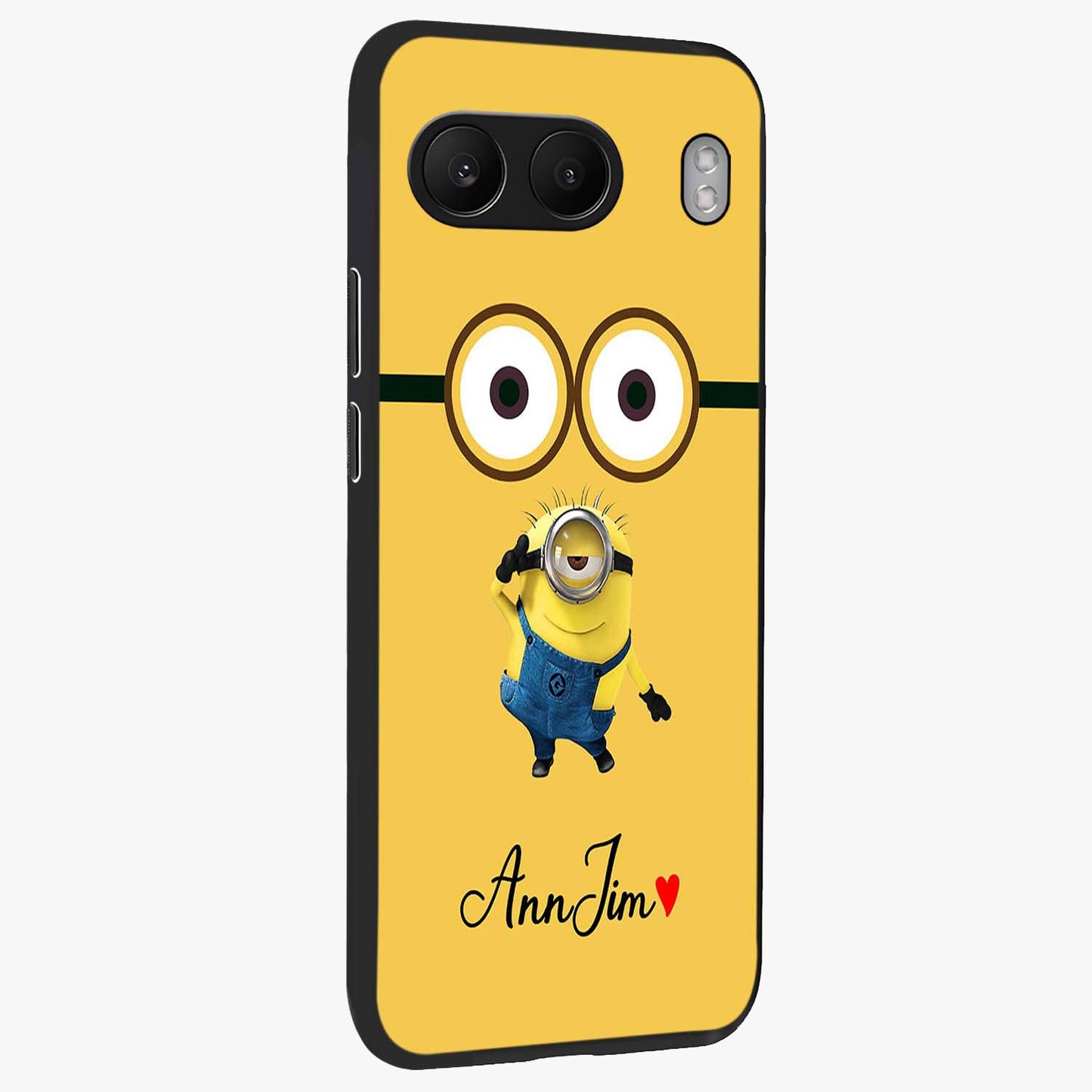 Minion Custom Name Glass Case for 1+Nord 4 side perspective highlighting custom typography and smooth premium build