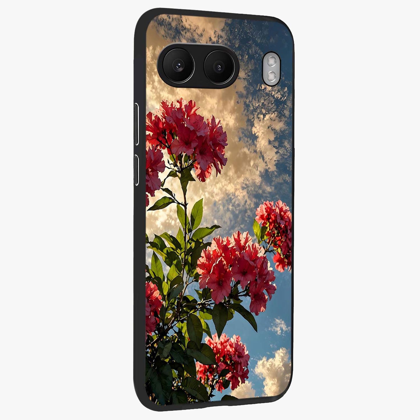 Moonlit Blossom Charm Glass Case for 1+Nord 4 side perspective highlighting refined floral textures and premium edges